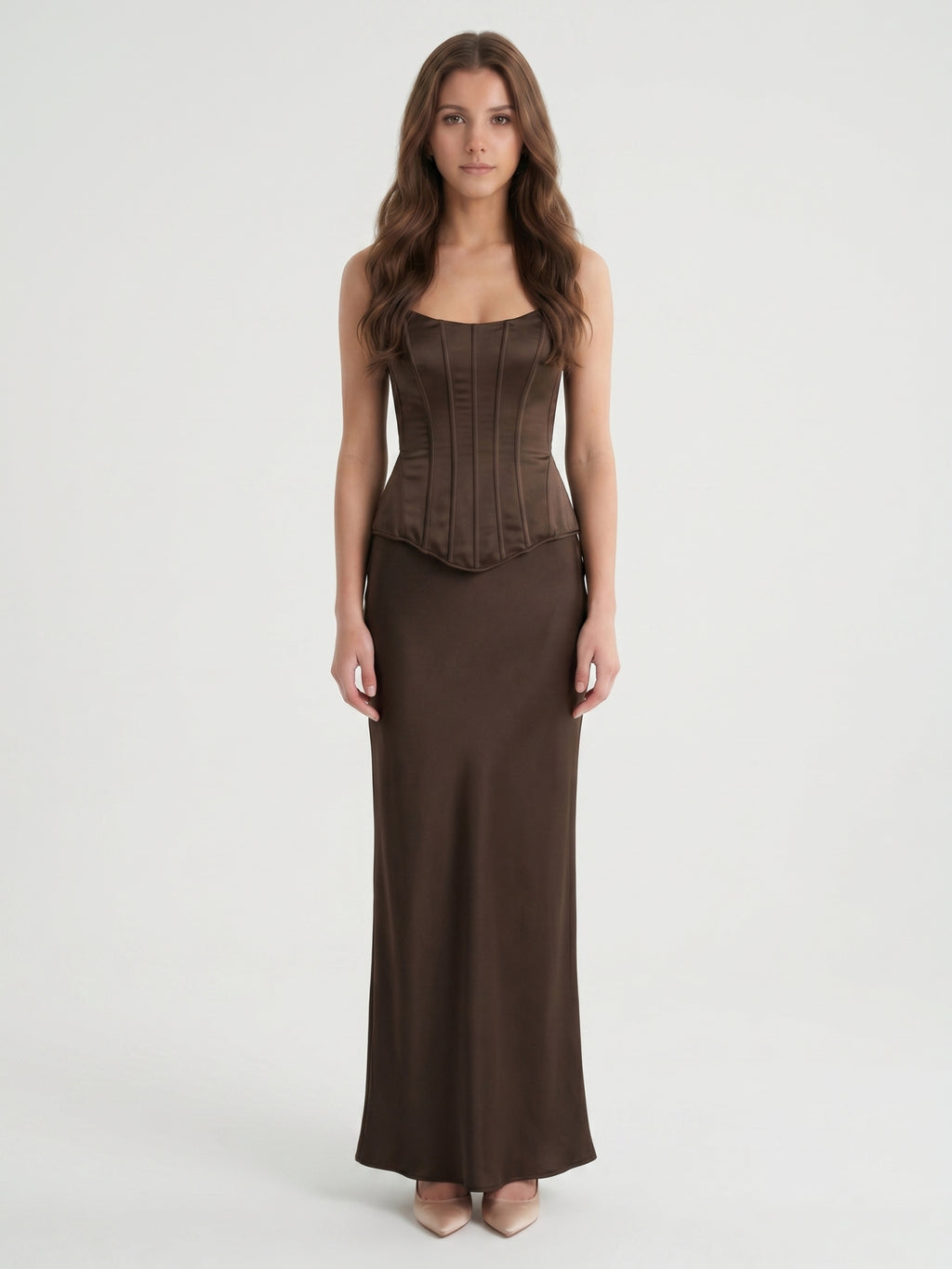 Espresso Satin Sheath Straight Neck Corset Back Floor-Length Bridesmaid Dress