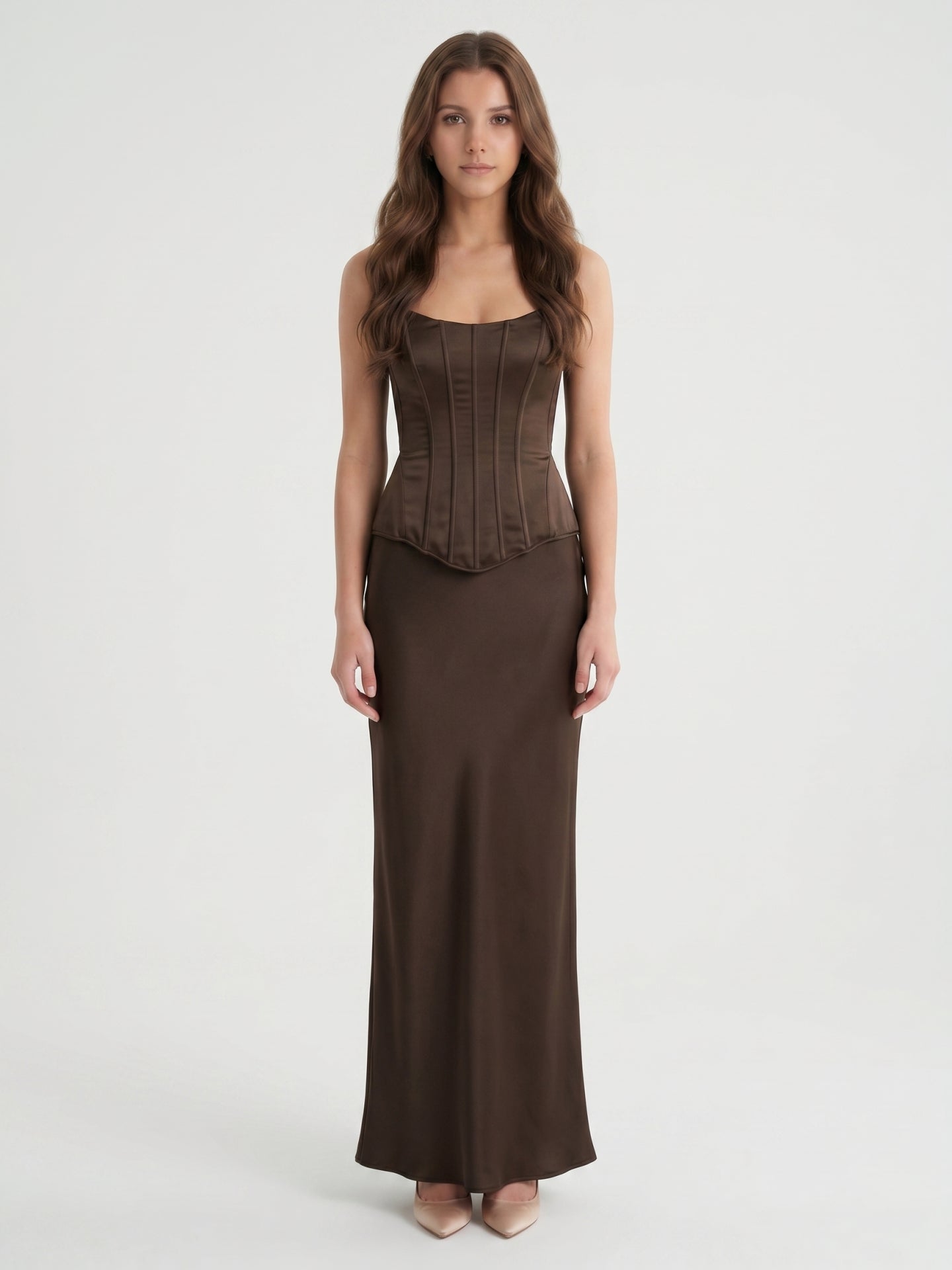 Espresso Satin Sheath Straight Neck Corset Back Floor-Length Bridesmaid Dress