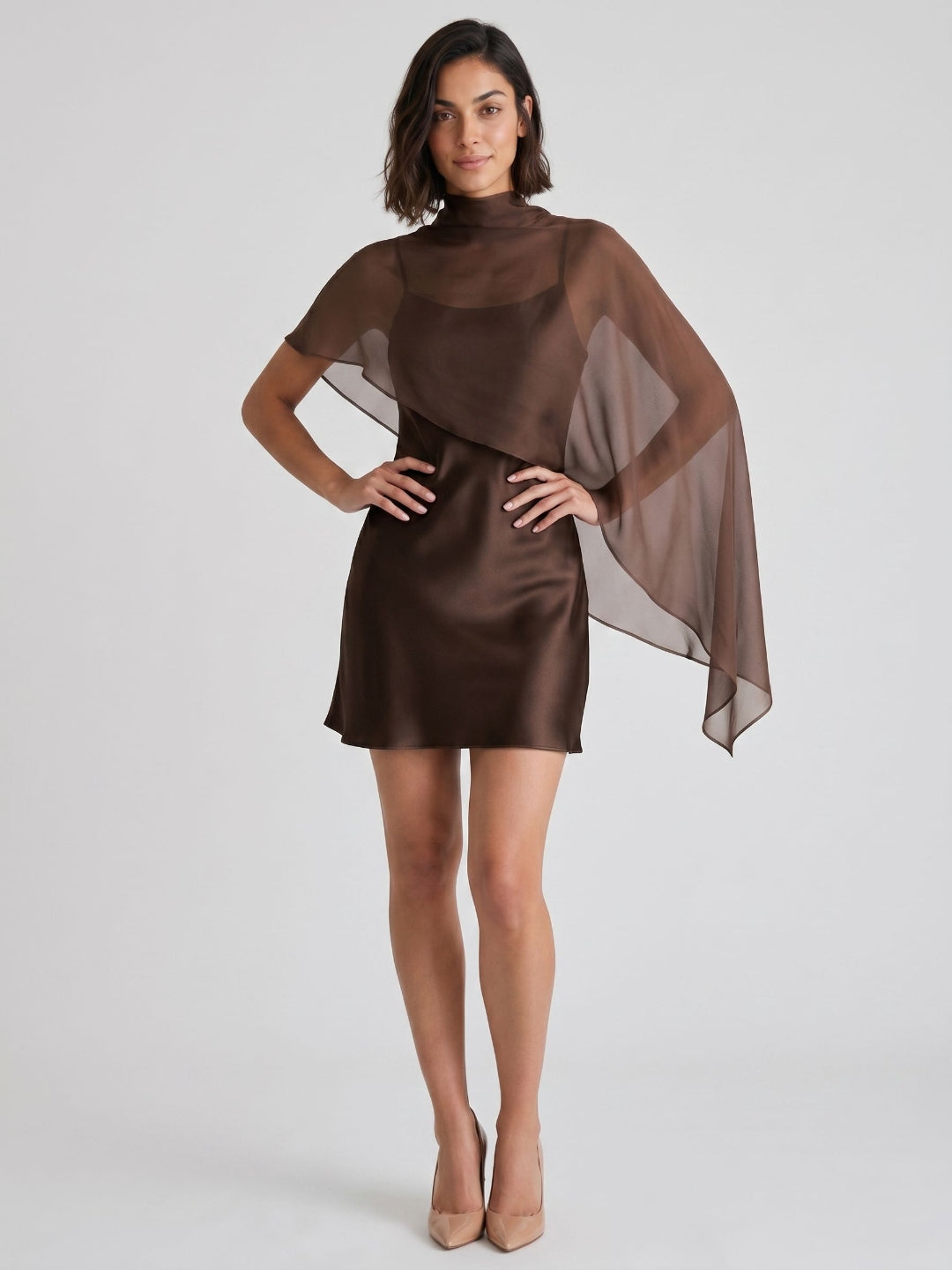 Espresso Satin Sheath Scoop Neck Backless Short Party Dress with Cape
