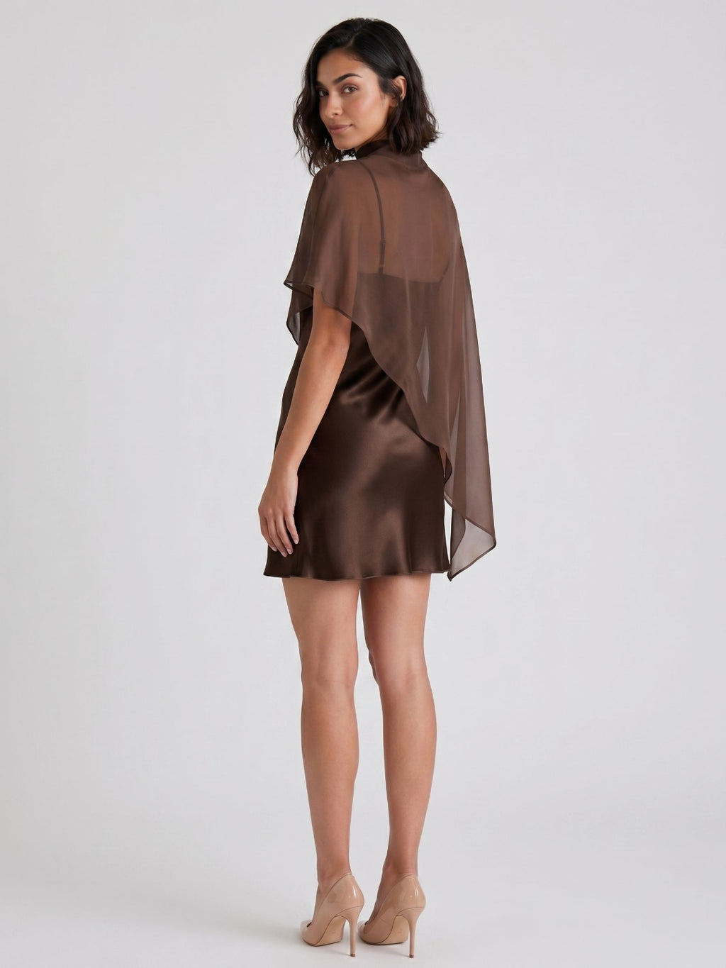 Espresso Satin Sheath Scoop Neck Backless Short Party Dress with Cape