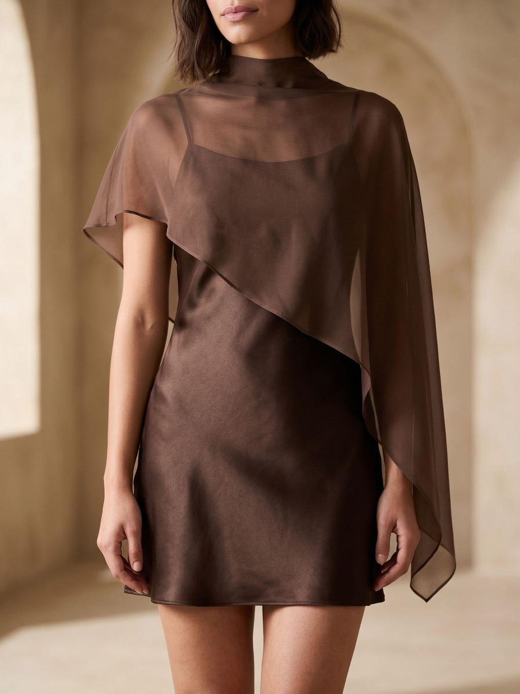 Espresso Satin Sheath Scoop Neck Backless Short Party Dress with Cape
