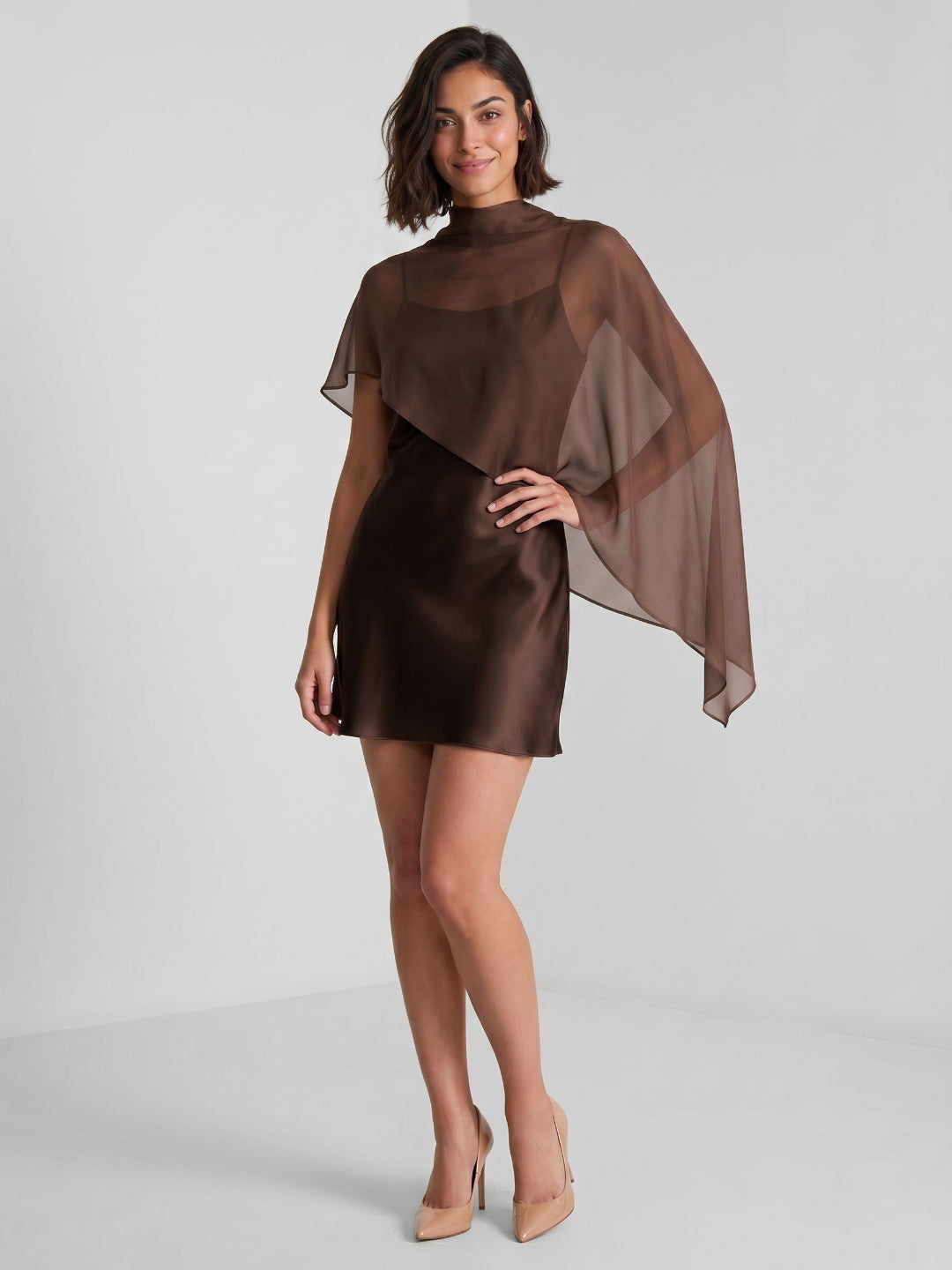 Espresso Satin Sheath Scoop Neck Backless Short Party Dress with Cape