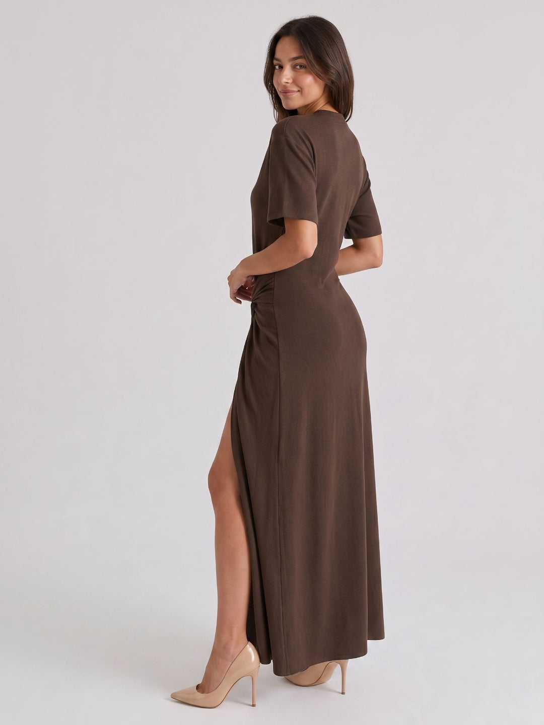 Espresso Stretch Knit Column Scoop Neck Floor-Length Formal Dress with Pleating