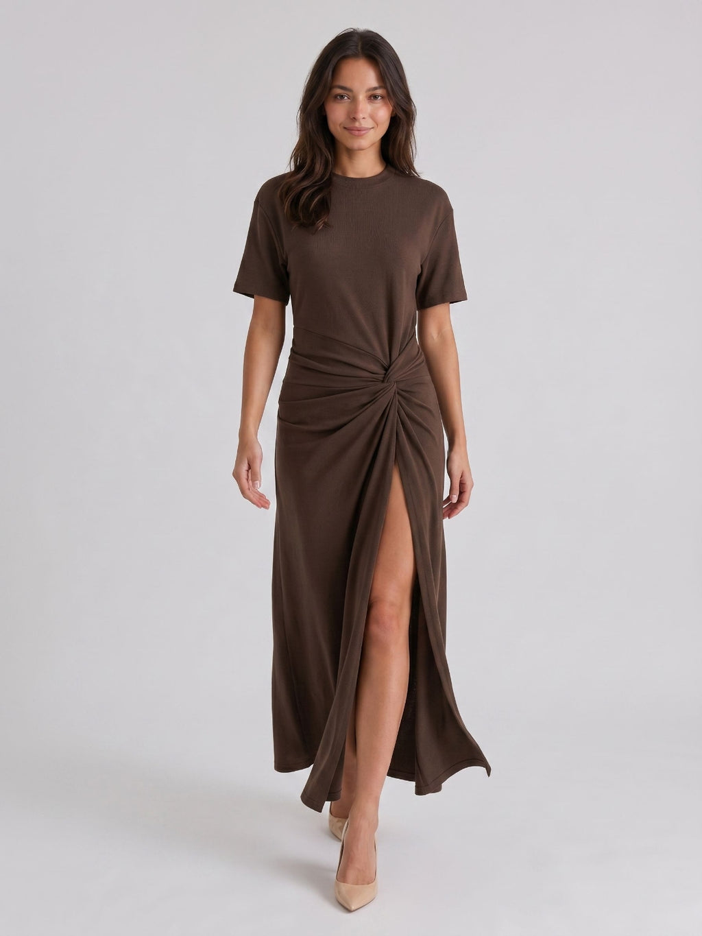 Espresso Stretch Knit Column Scoop Neck Floor-Length Formal Dress with Pleating