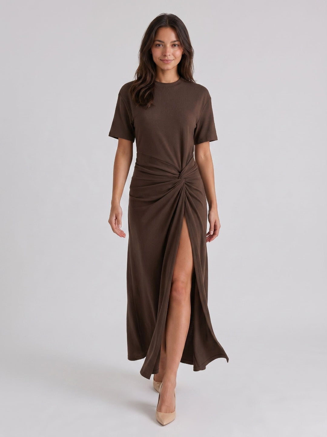 Espresso Stretch Knit Column Scoop Neck Floor-Length Formal Dress with Pleating