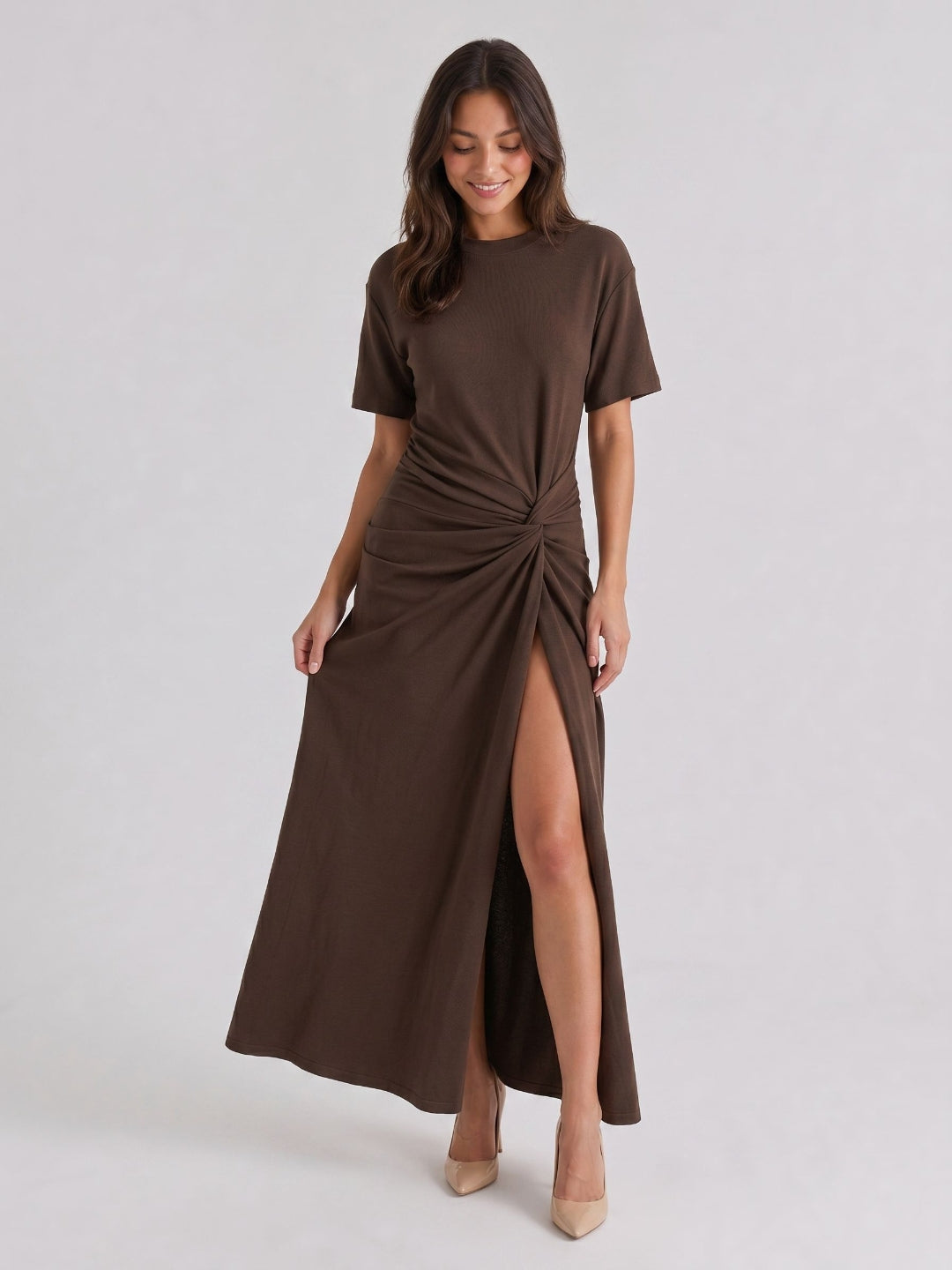 Espresso Stretch Knit Column Scoop Neck Floor-Length Formal Dress with Pleating