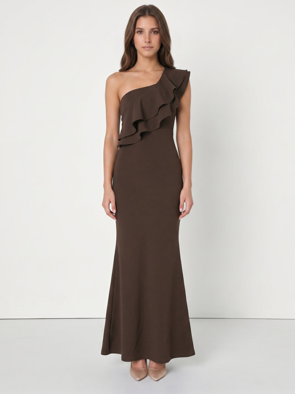 Espresso Stretch Knit Mermaid One Shoulder Side Zip Floor-Length Ruffle Dress