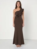 Espresso Stretch Knit Mermaid One Shoulder Side Zip Floor-Length Ruffle Dress