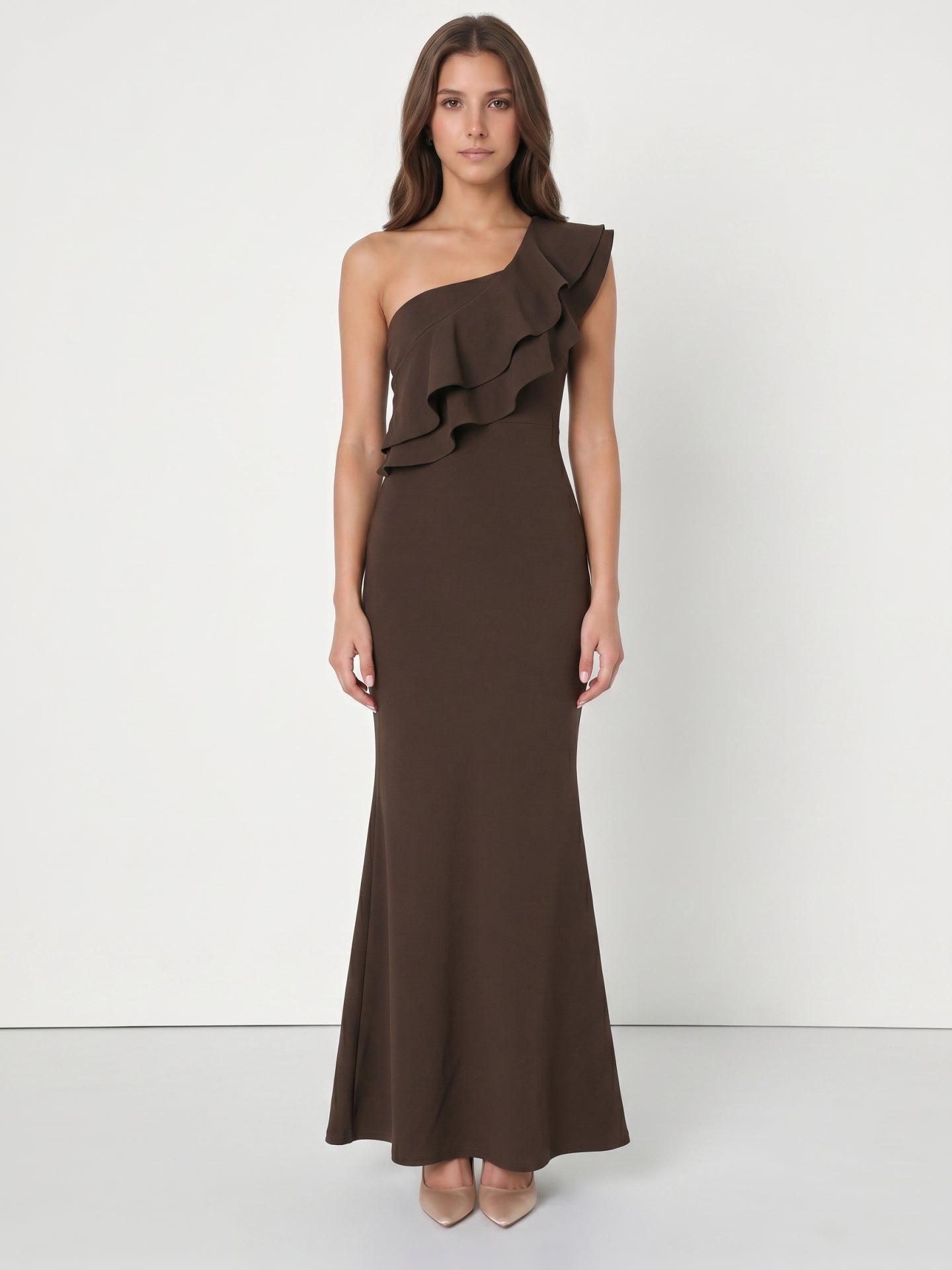 Espresso Stretch Knit Mermaid One Shoulder Side Zip Floor-Length Ruffle Dress
