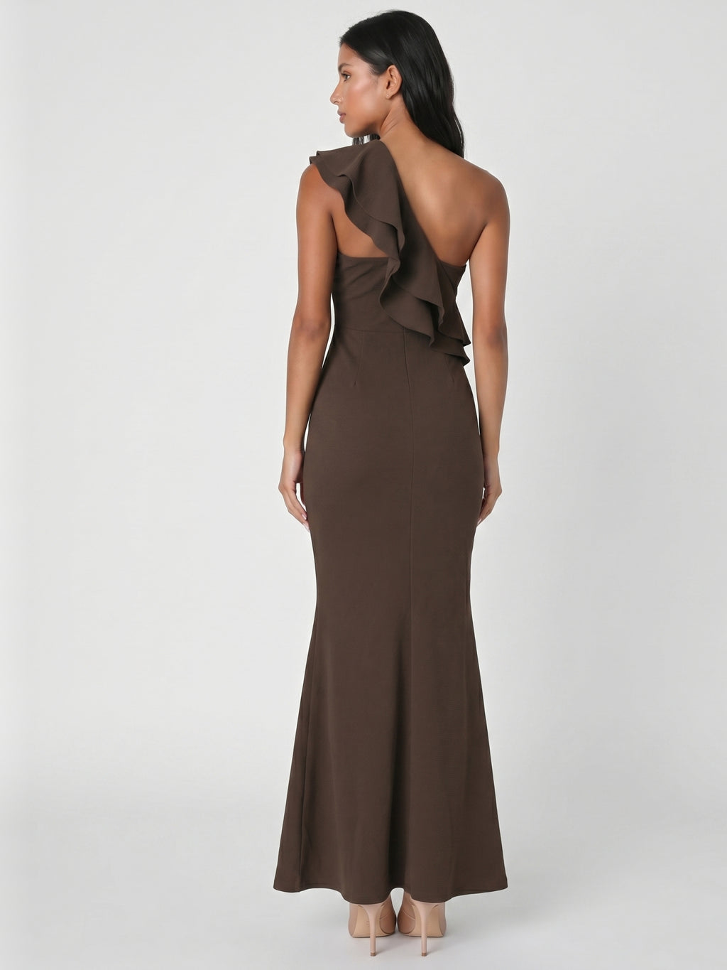 Espresso Stretch Knit Mermaid One Shoulder Side Zip Floor-Length Ruffle Dress
