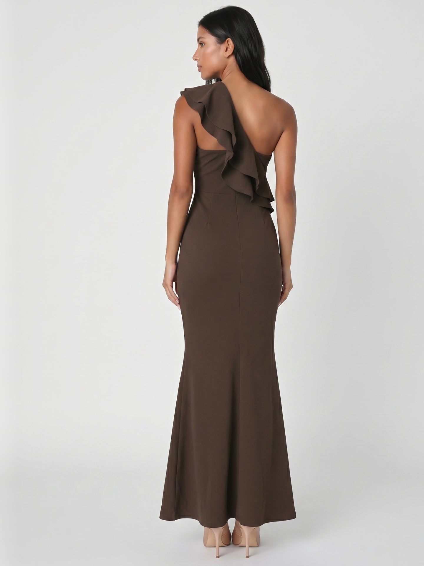 Espresso Stretch Knit Mermaid One Shoulder Side Zip Floor-Length Ruffle Dress