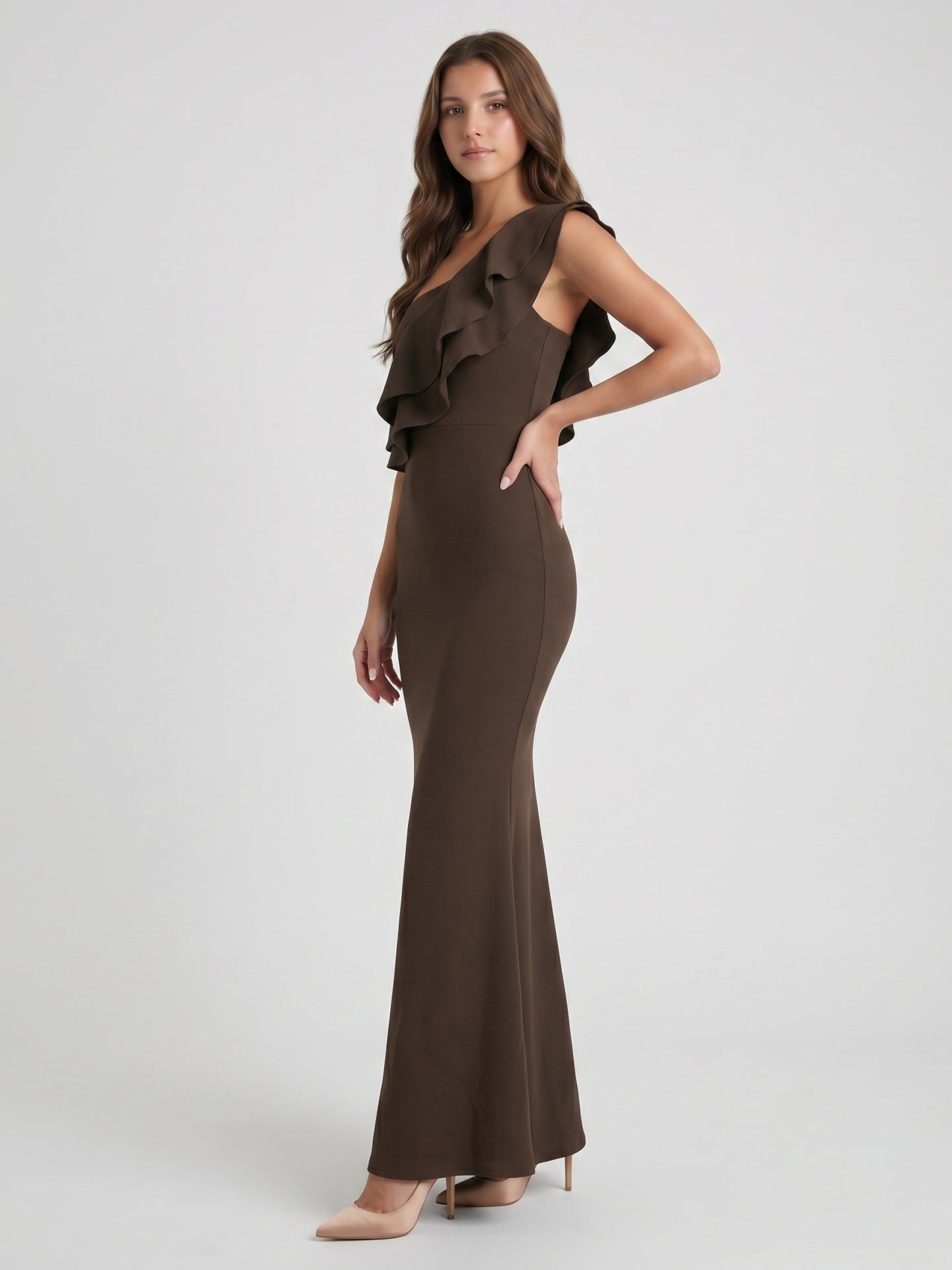 Espresso Stretch Knit Mermaid One Shoulder Side Zip Floor-Length Ruffle Dress