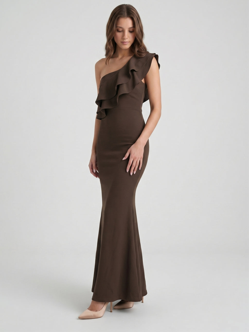Espresso Stretch Knit Mermaid One Shoulder Side Zip Floor-Length Ruffle Dress