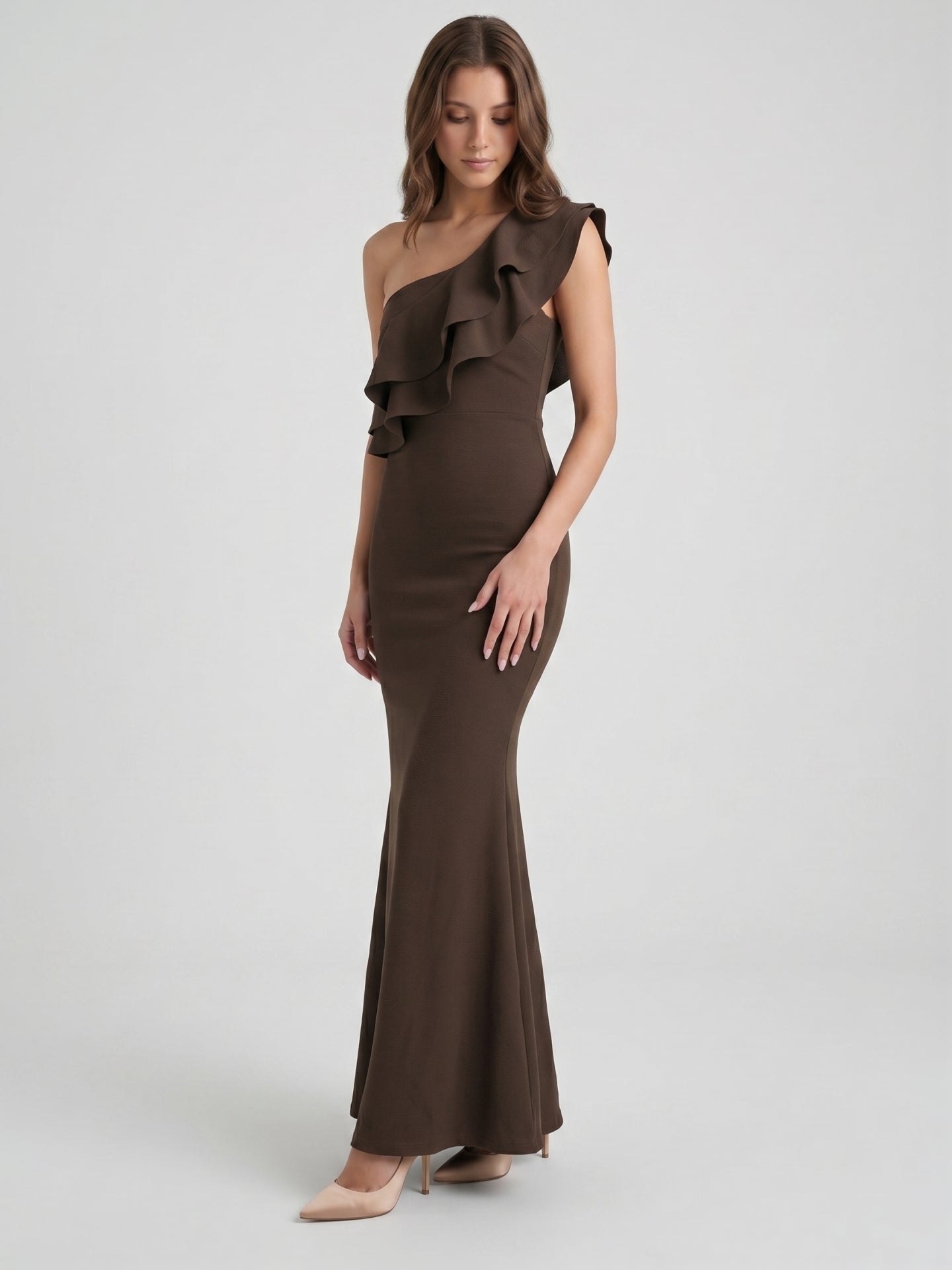 Espresso Stretch Knit Mermaid One Shoulder Side Zip Floor-Length Ruffle Dress