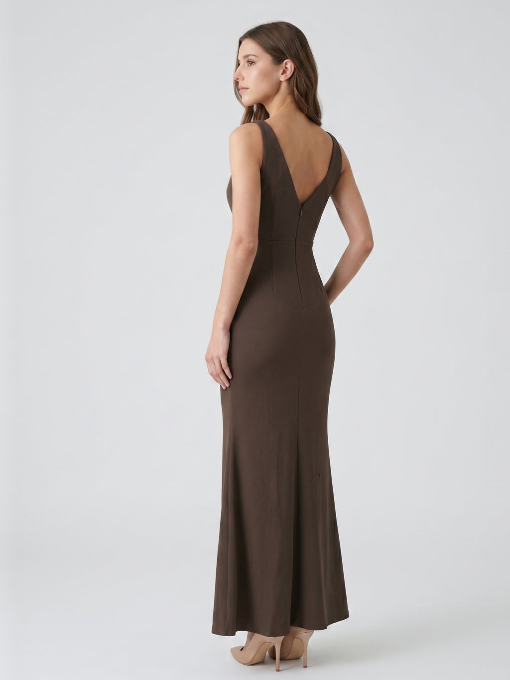 Espresso Stretch Knit Mermaid V-Neck V-Back Floor-Length Bridesmaid Dress