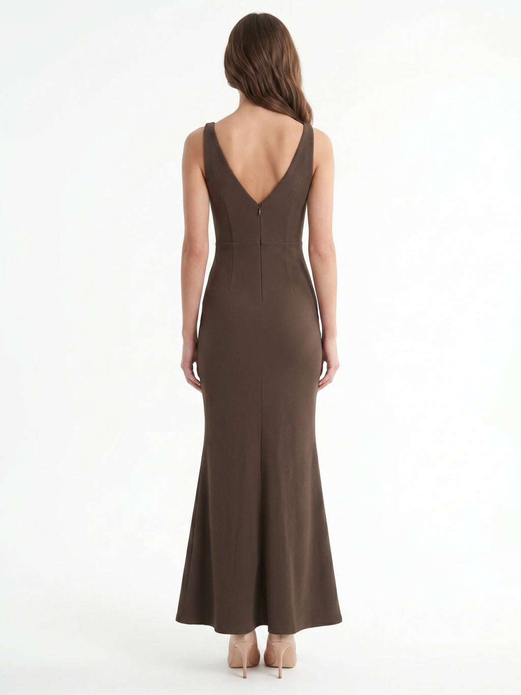 Espresso Stretch Knit Mermaid V-Neck V-Back Floor-Length Bridesmaid Dress