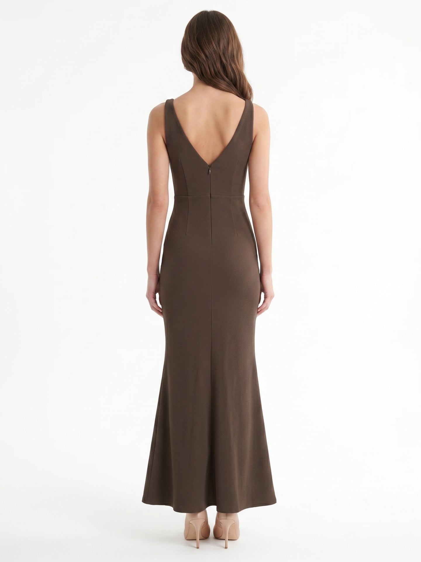 Espresso Stretch Knit Mermaid V-Neck V-Back Floor-Length Bridesmaid Dress