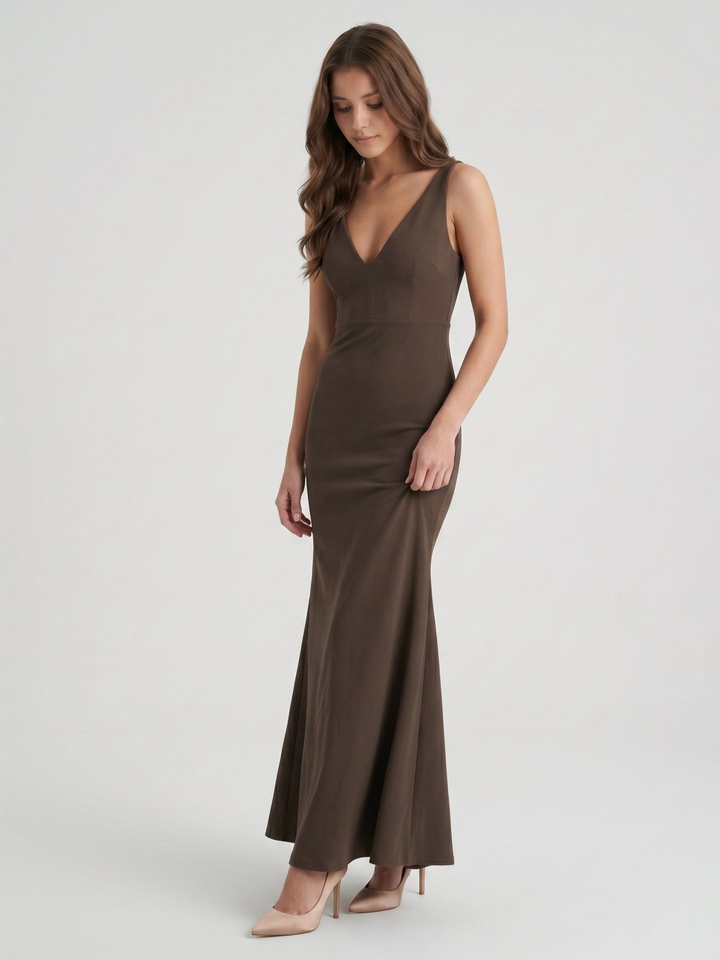 Espresso Stretch Knit Mermaid V-Neck V-Back Floor-Length Bridesmaid Dress