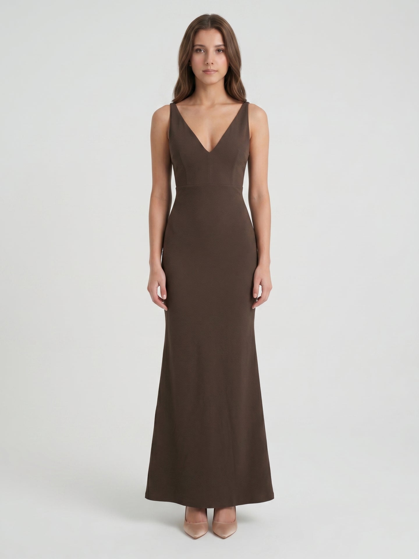 Espresso Stretch Knit Mermaid V-Neck V-Back Floor-Length Bridesmaid Dress