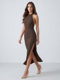 Espresso Stretch Knit Sheath Halter Backless Tea-Length Bridesmaid Dress