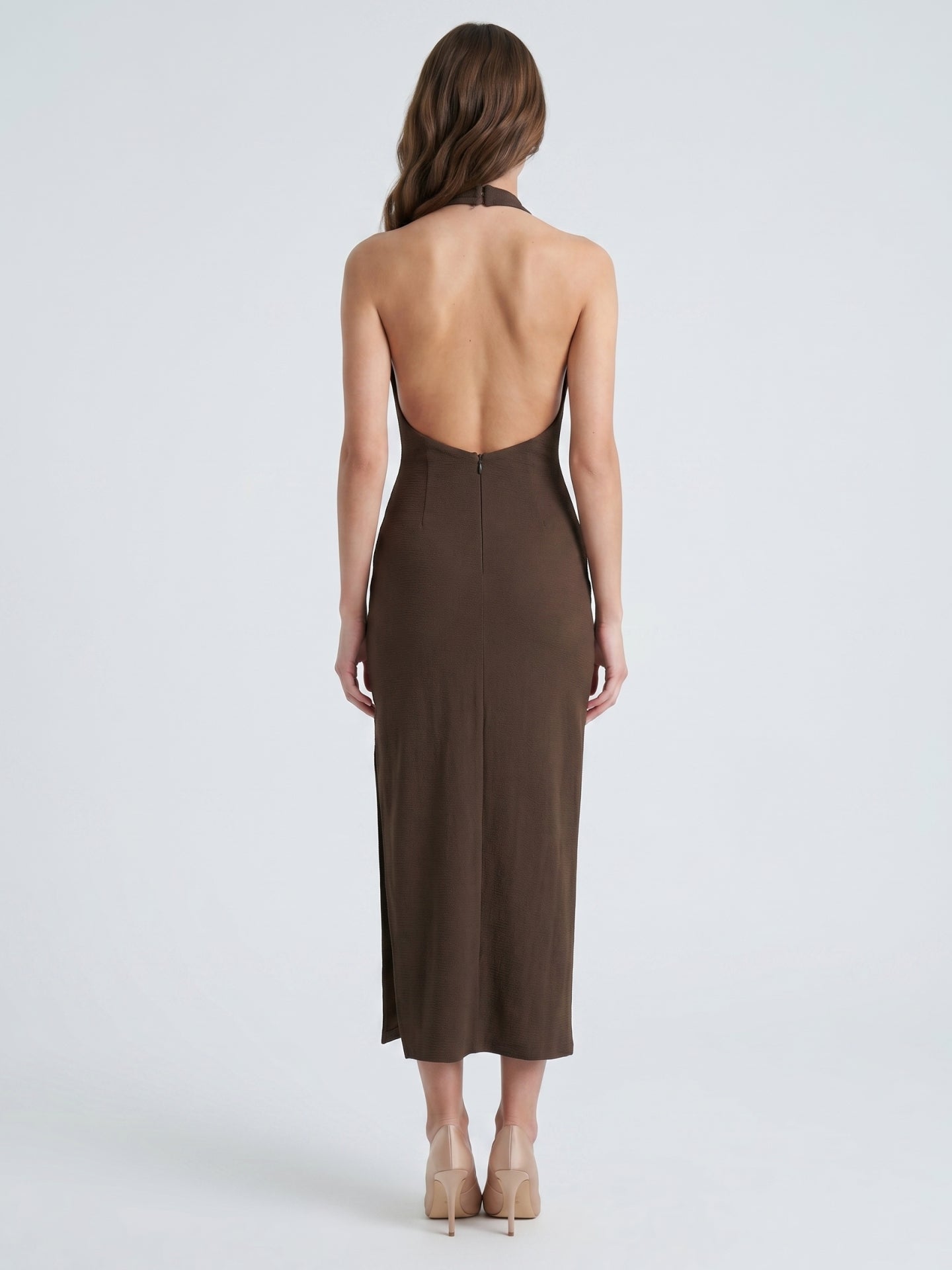 Espresso Stretch Knit Sheath Halter Backless Tea-Length Bridesmaid Dress