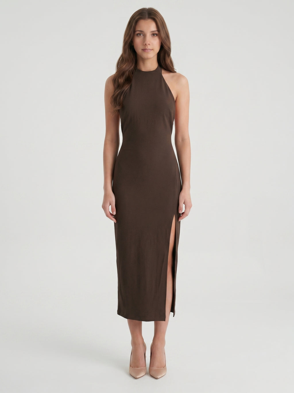 Espresso Stretch Knit Sheath Halter Backless Tea-Length Bridesmaid Dress