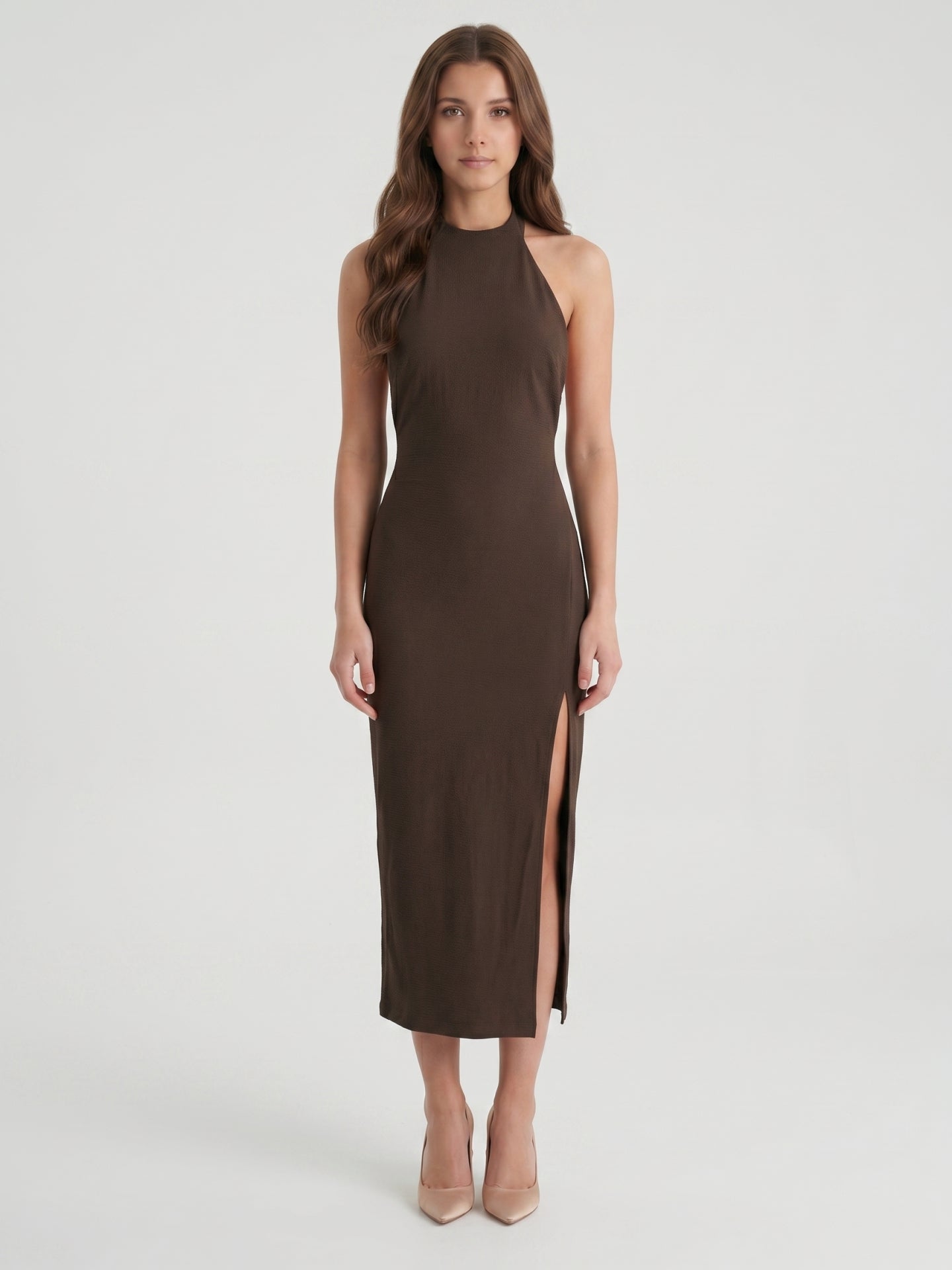 Espresso Stretch Knit Sheath Halter Backless Tea-Length Bridesmaid Dress