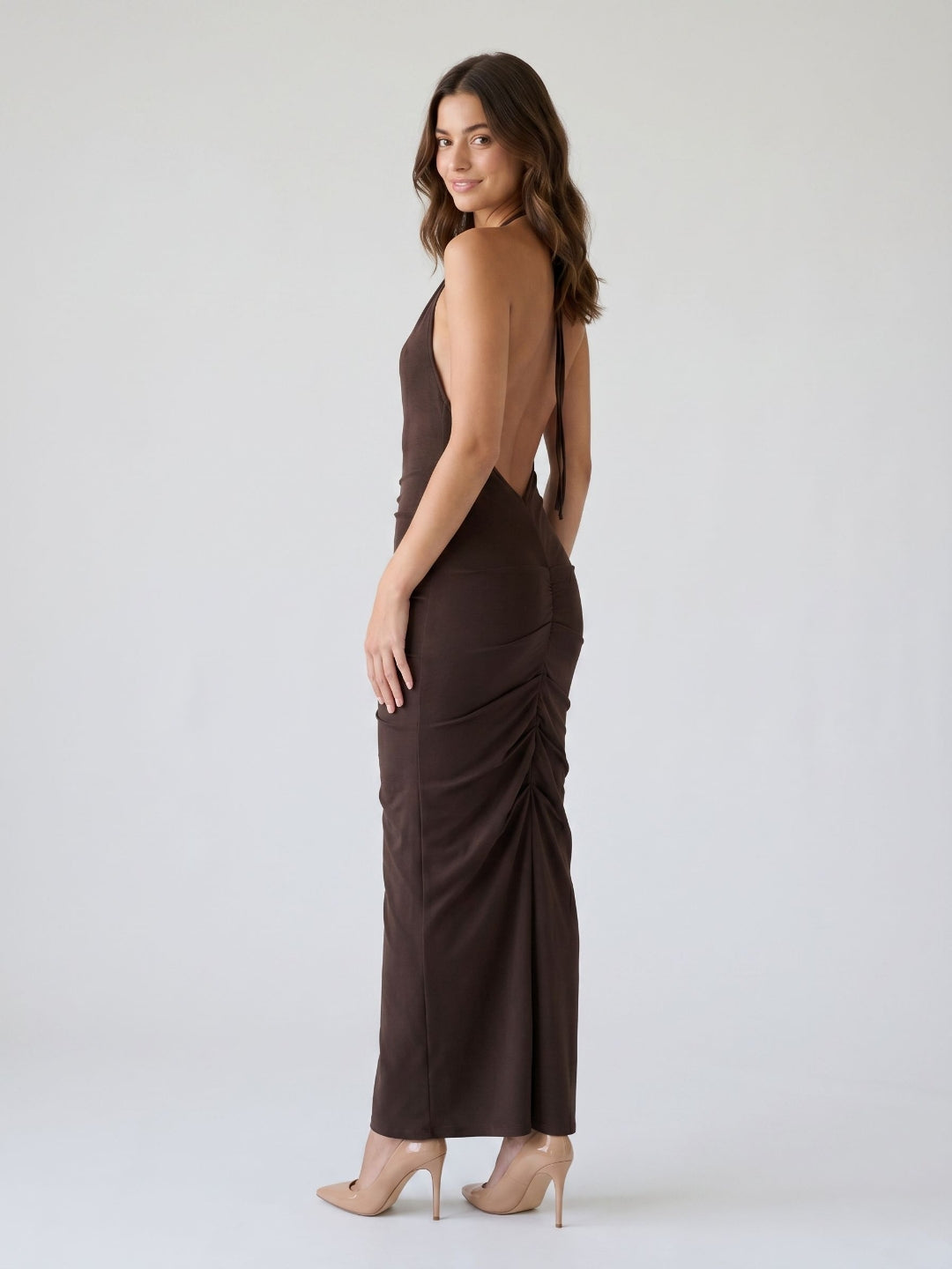 Espresso Stretch Knit Sheath Halter Neckline Backless Floor-Length Formal Dress with Pleating