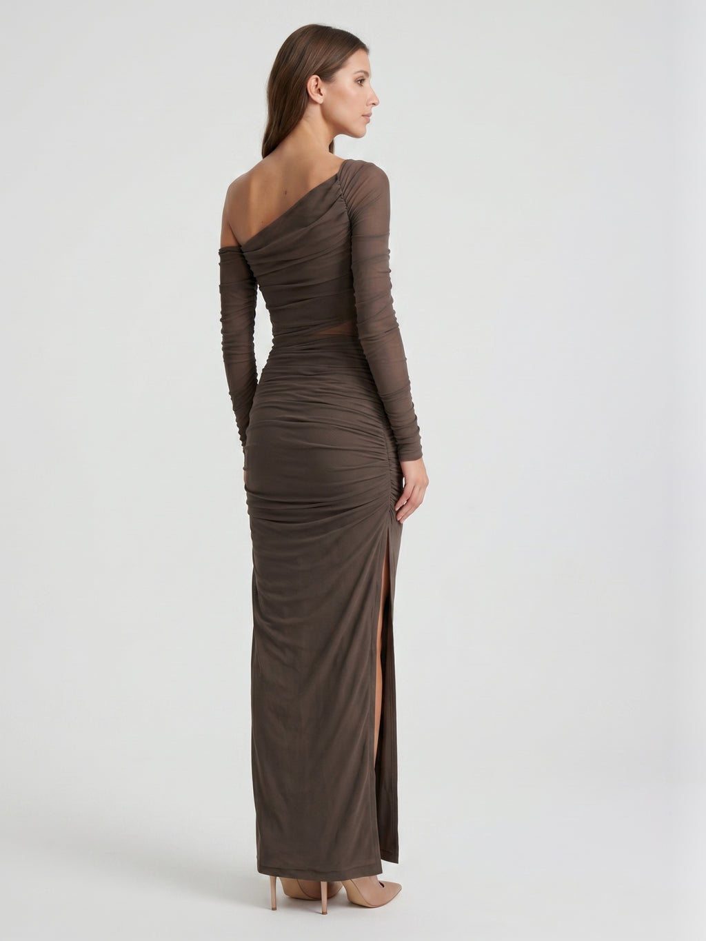 Espresso Stretch Knit Sheath One Shoulder Illusion Back Ankle-Length Dress