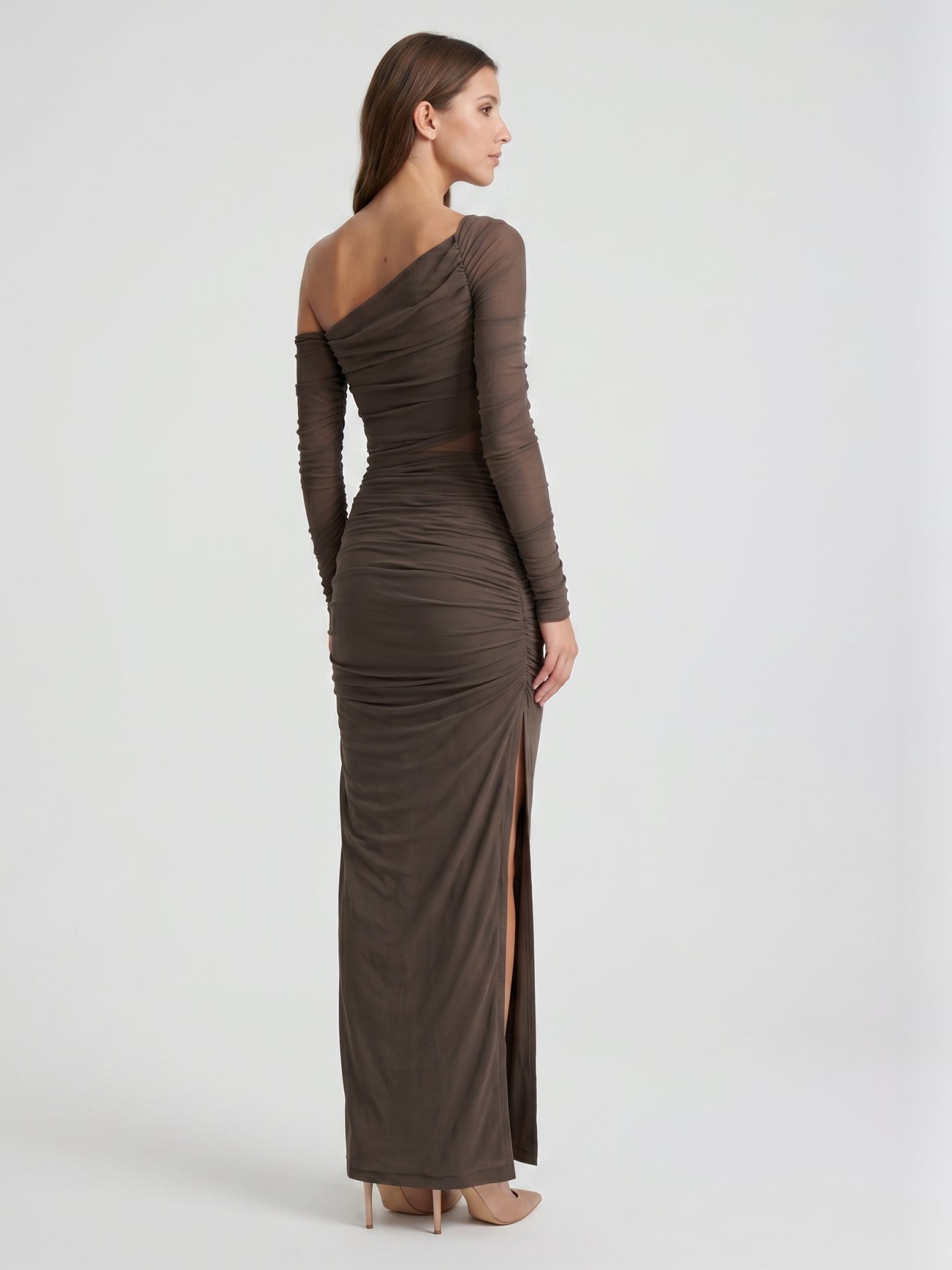 Espresso Stretch Knit Sheath One Shoulder Illusion Back Ankle-Length Dress