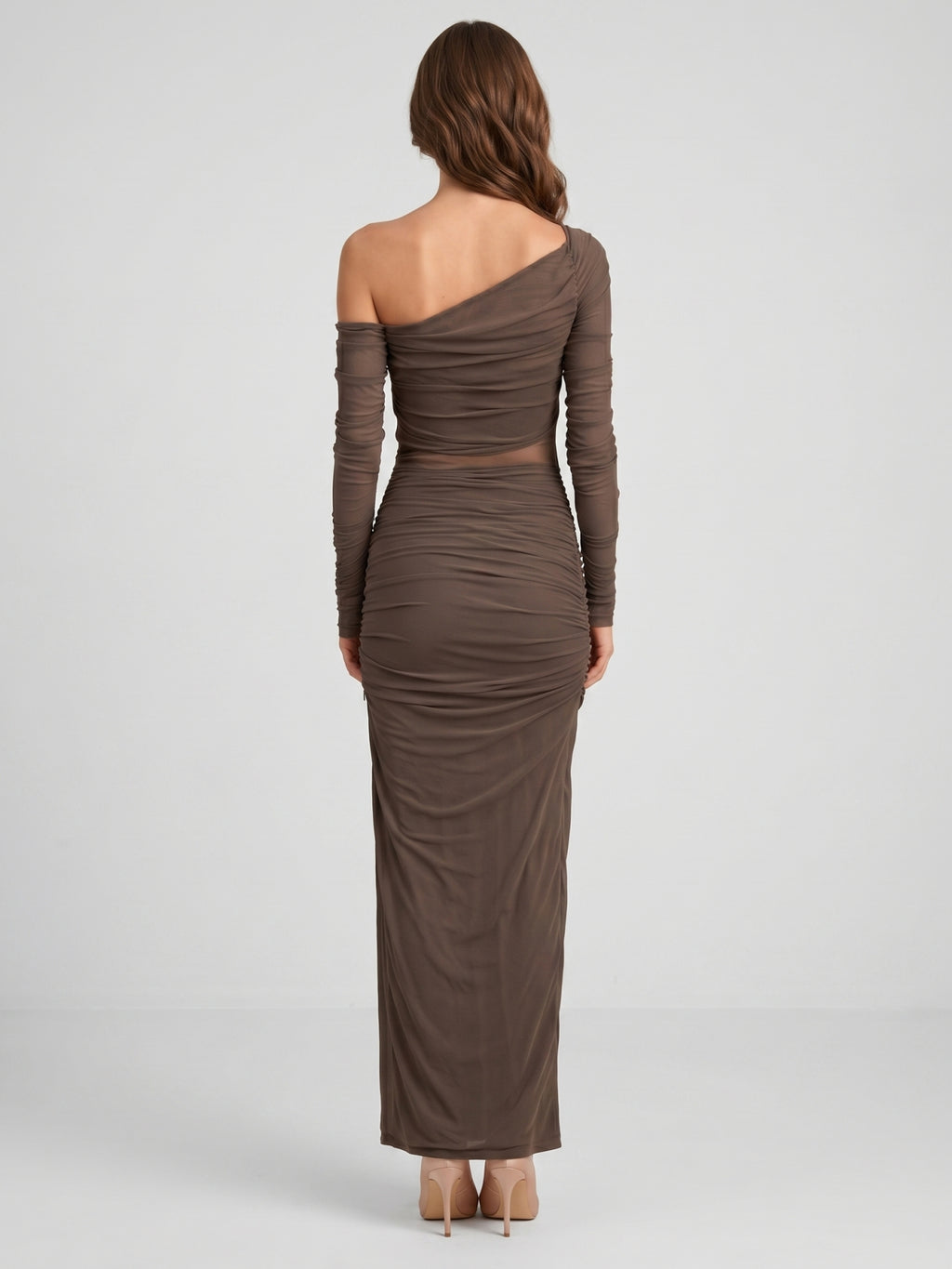 Espresso Stretch Knit Sheath One Shoulder Illusion Back Ankle-Length Dress