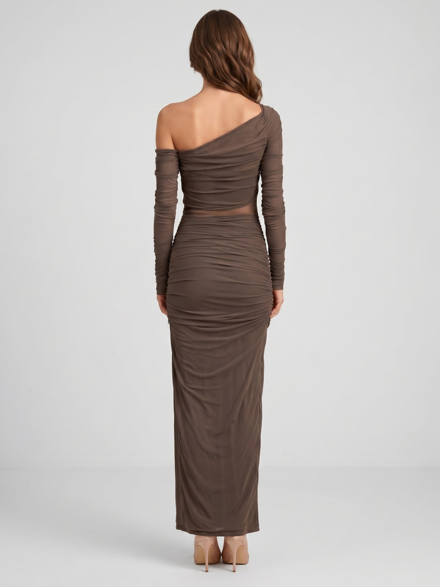 Espresso Stretch Knit Sheath One Shoulder Illusion Back Ankle-Length Dress