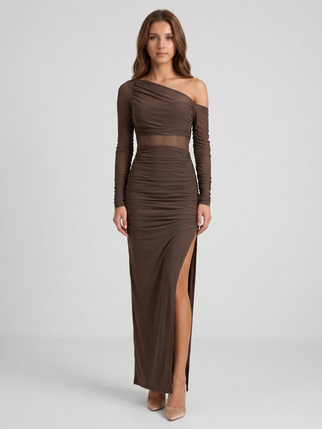 Espresso Stretch Knit Sheath One Shoulder Illusion Back Ankle-Length Dress