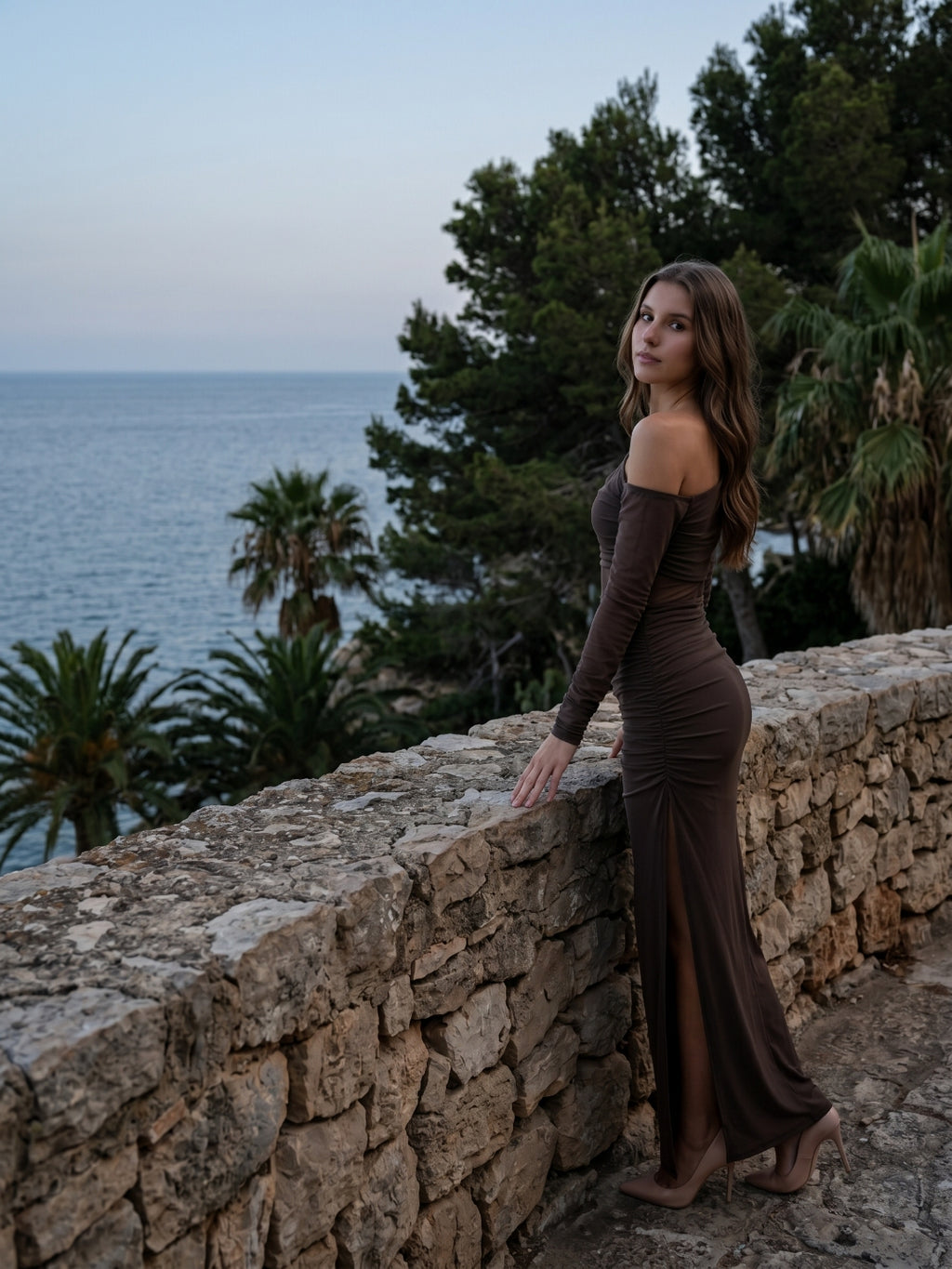 Espresso Stretch Knit Sheath One Shoulder Illusion Back Ankle-Length Dress