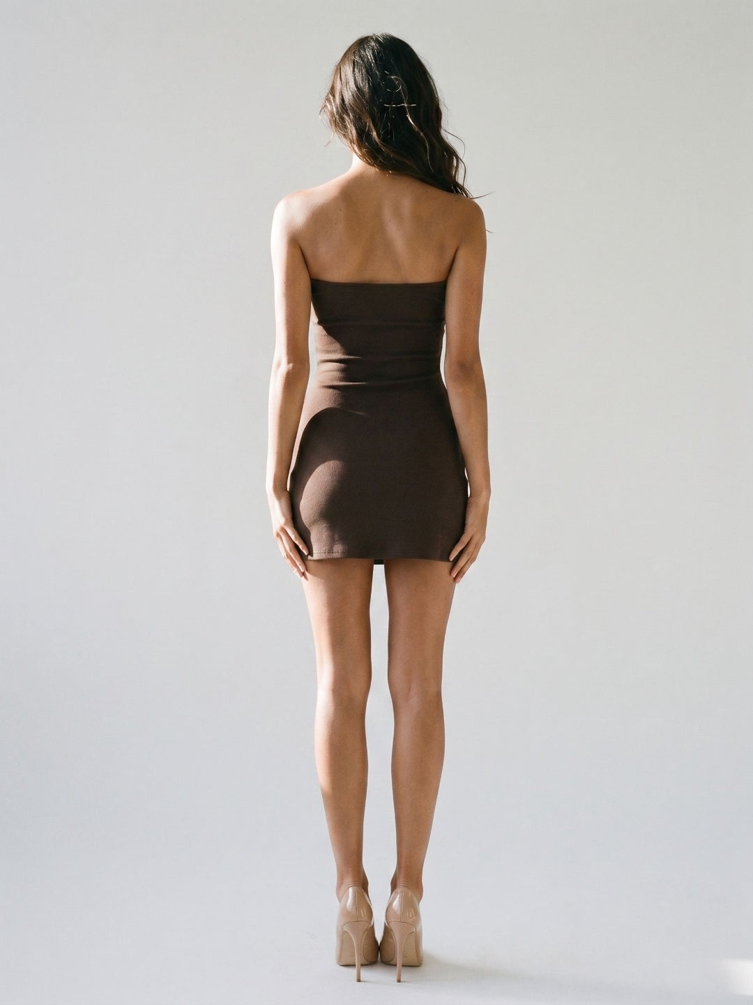 Espresso Stretch Knit Sheath Straight Neck Backless Short Dress