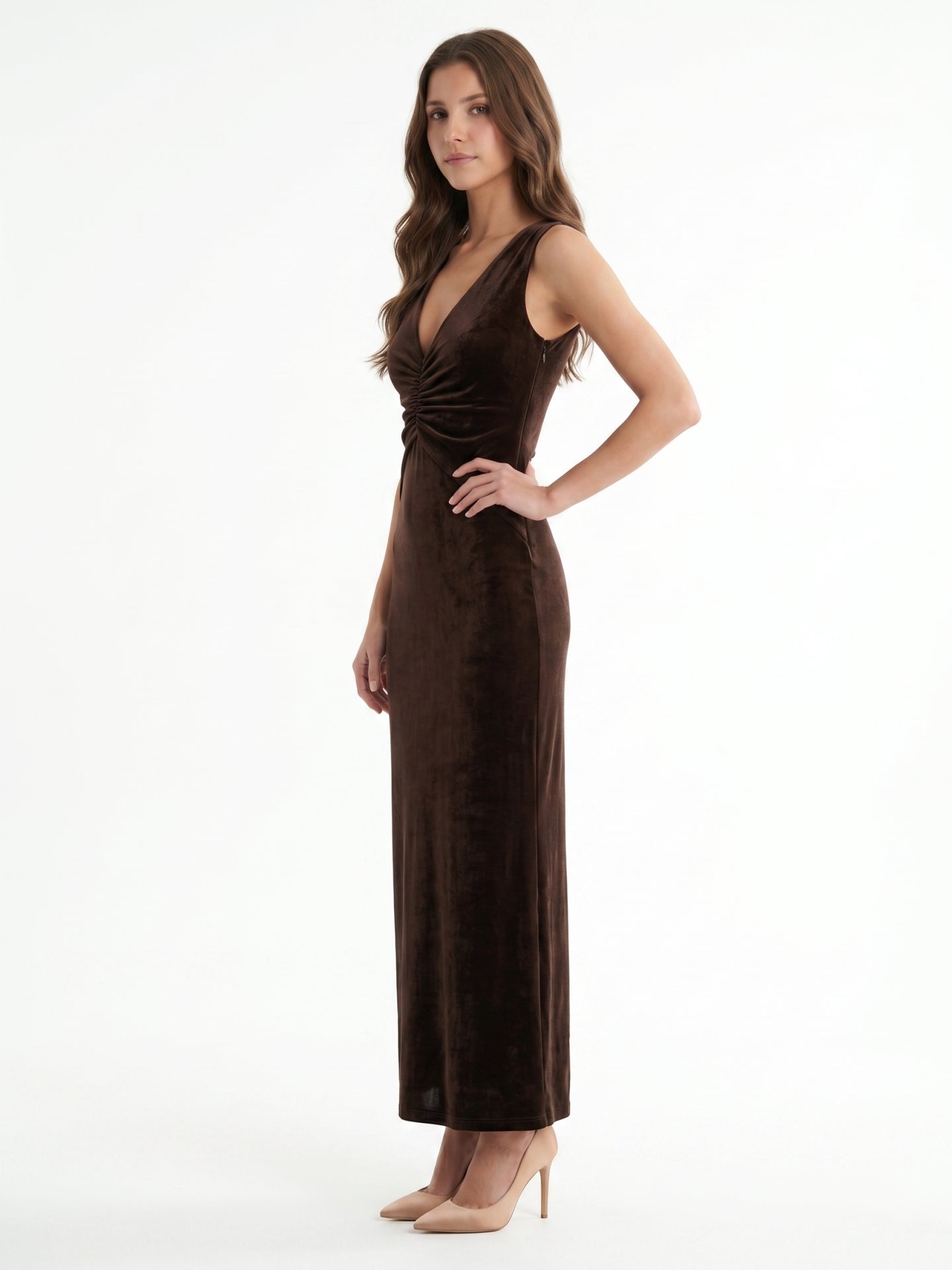 Espresso Velvet Sheath V-Neck Side Zip Ankle-Length Pleated Bridesmaid Dress