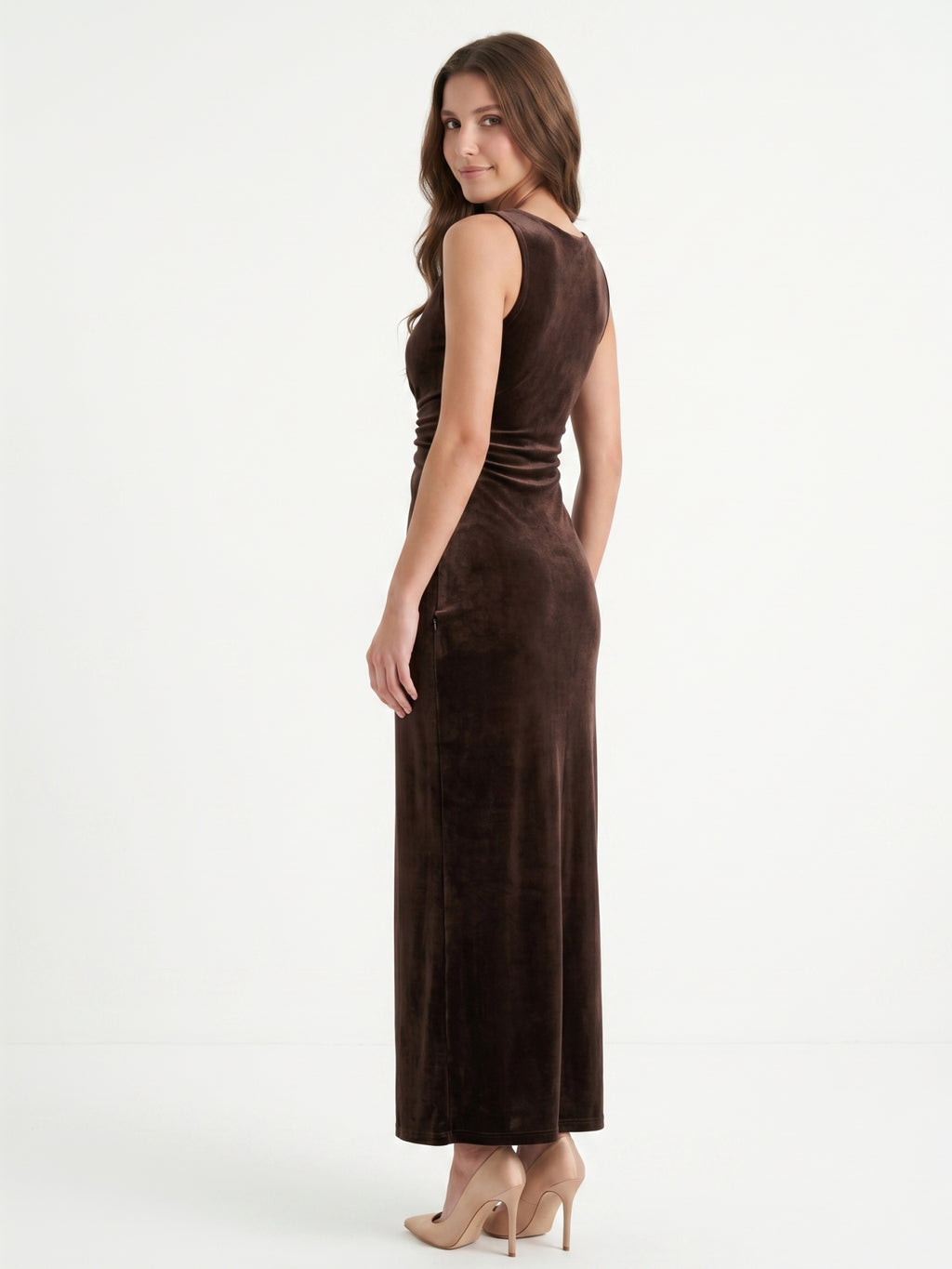 Espresso Velvet Sheath V-Neck Side Zip Ankle-Length Pleated Bridesmaid Dress