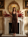 Espresso Velvet Sheath V-Neck Side Zip Ankle-Length Pleated Bridesmaid Dress
