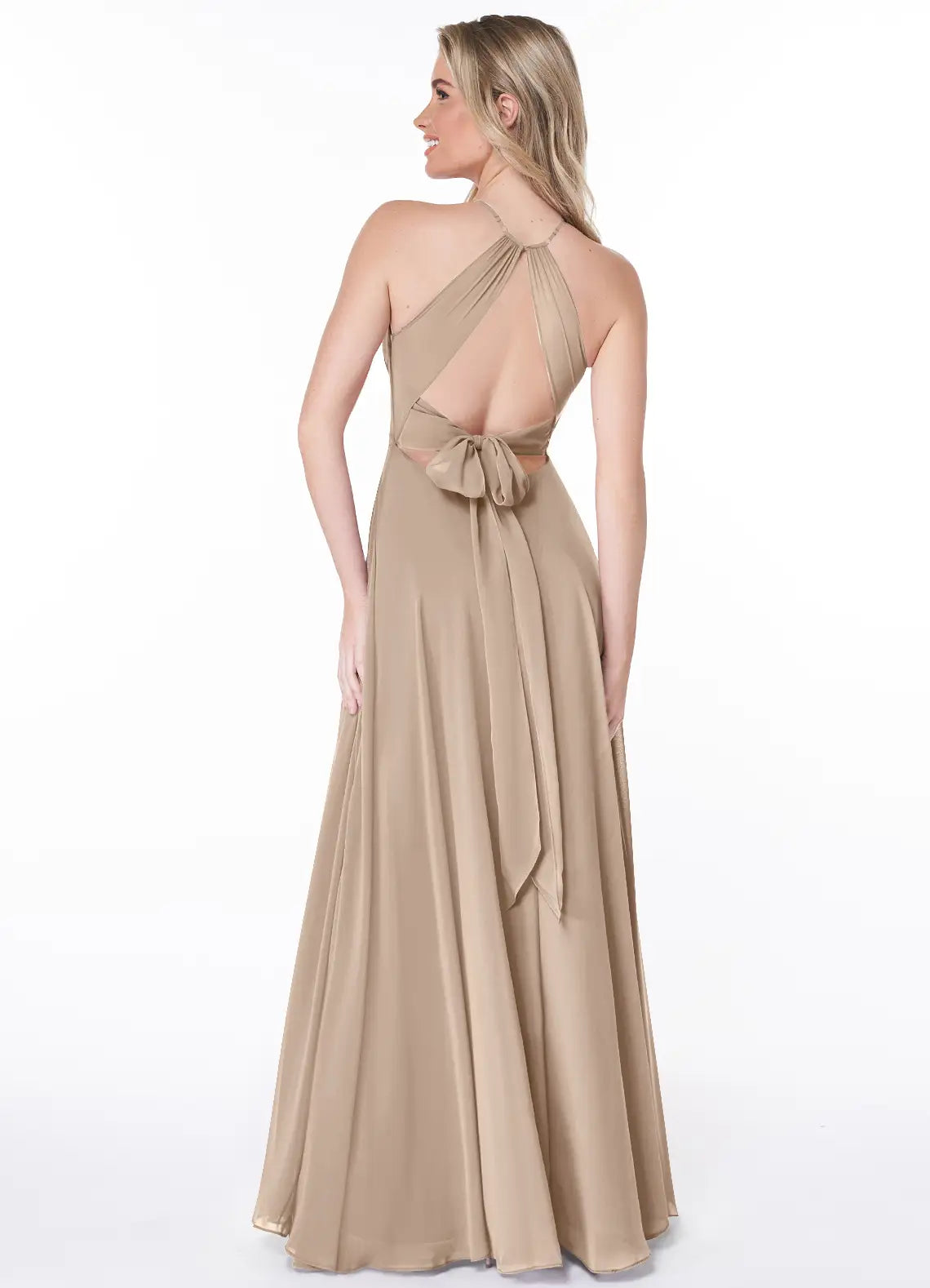 Ethereal Chiffon A-Line Halter Sleeveless Open-Back Bow Floor-Length Bridesmaid Dress with Slit