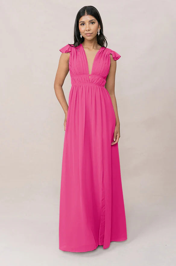 Ethereal Chiffon Bridesmaid Dresses with Deep V-Neck, Ruffle Cap Sleeves and Tie-Back Detail Formal Gown