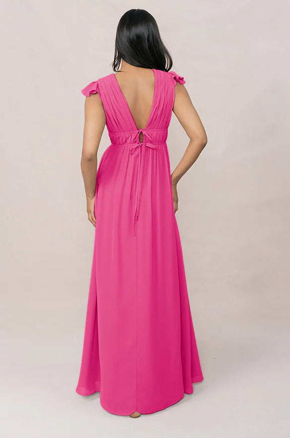 Ethereal Chiffon Bridesmaid Dresses with Deep V-Neck, Ruffle Cap Sleeves and Tie-Back Detail Formal Gown