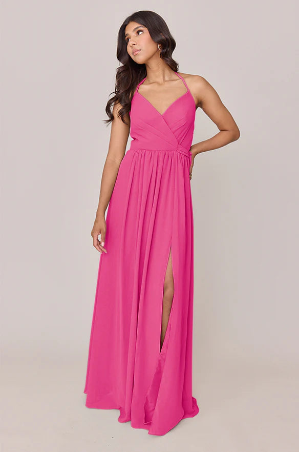 Ethereal Chiffon Halter Bridesmaid Dresses with Wrap Bodice, Sash Detail and High Slit Formal Gown