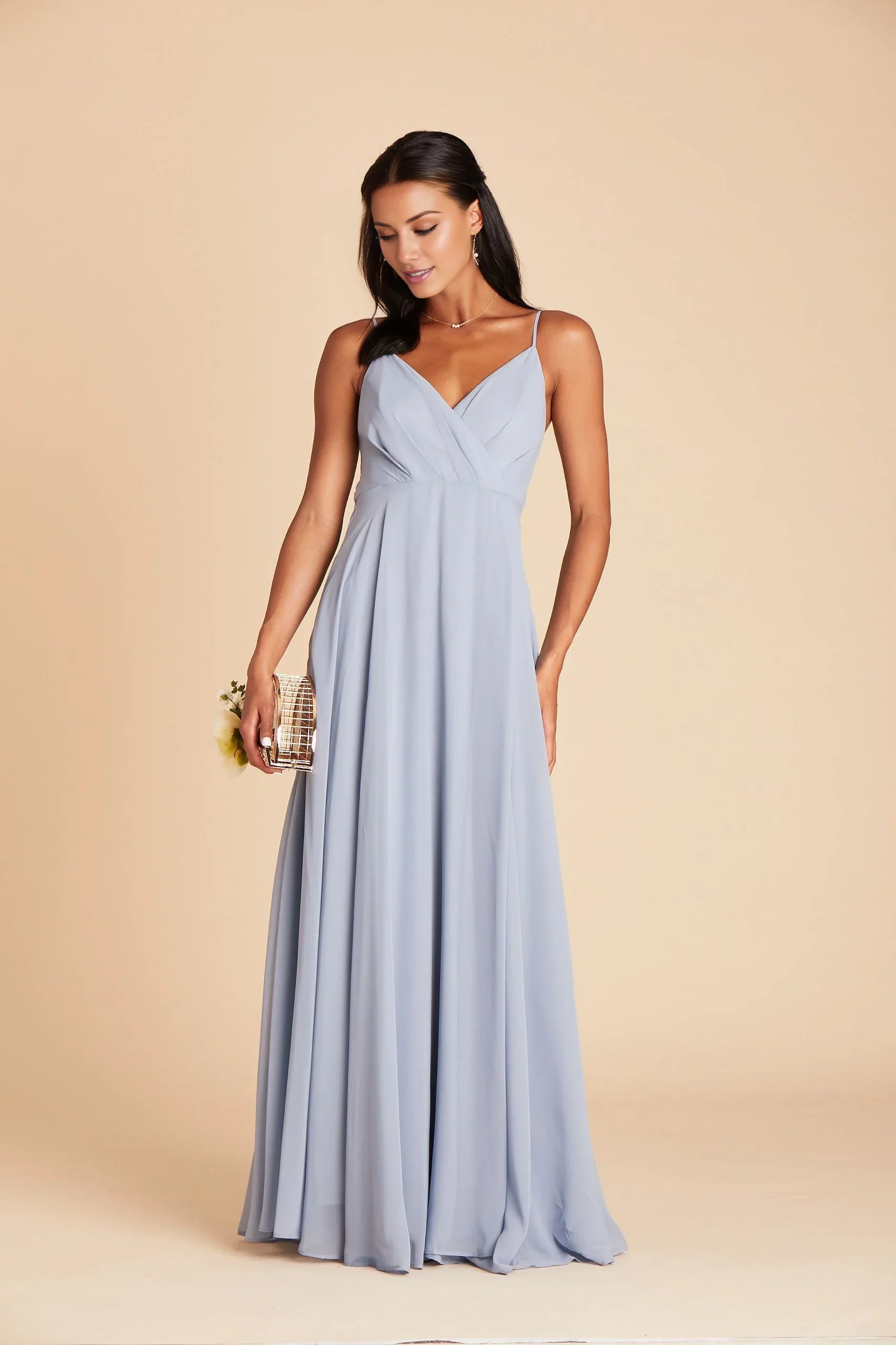 Ethereal Dusty Blue Chiffon Deep V-Neck Spaghetti-Strap Maxi Bridesmaid Dress with Flowy Skirt