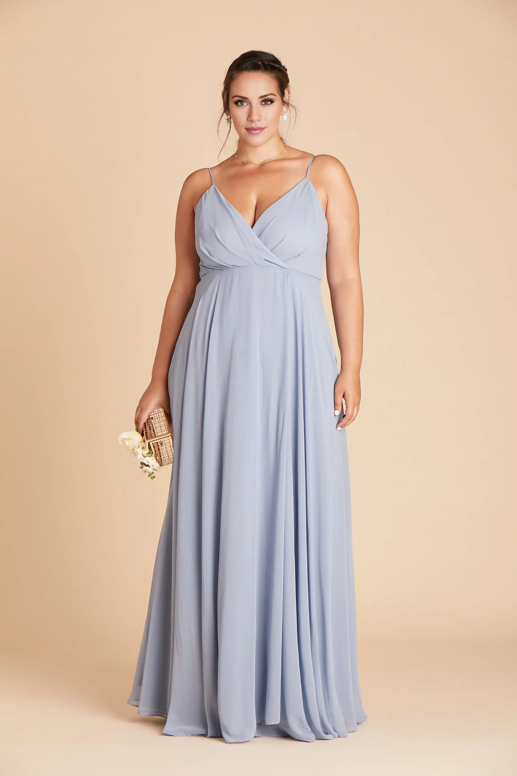 Ethereal Dusty Blue Chiffon Deep V-Neck Spaghetti-Strap Maxi Bridesmaid Dress with Flowy Skirt