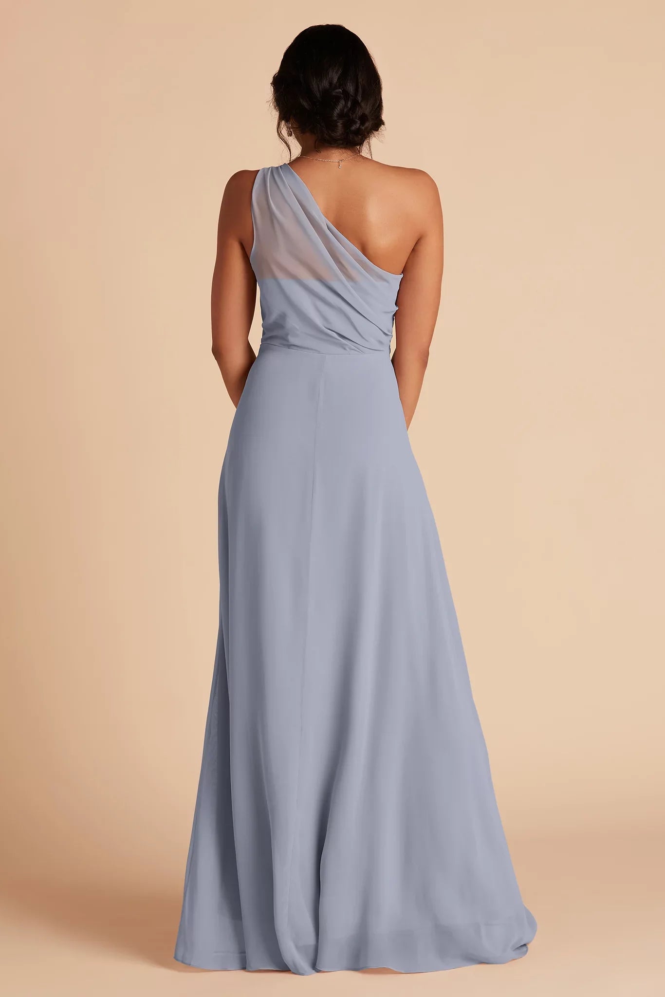 Ethereal Dusty Blue Chiffon One-Shoulder Maxi Bridesmaid Dress with Sheer Accent & High Side Slit