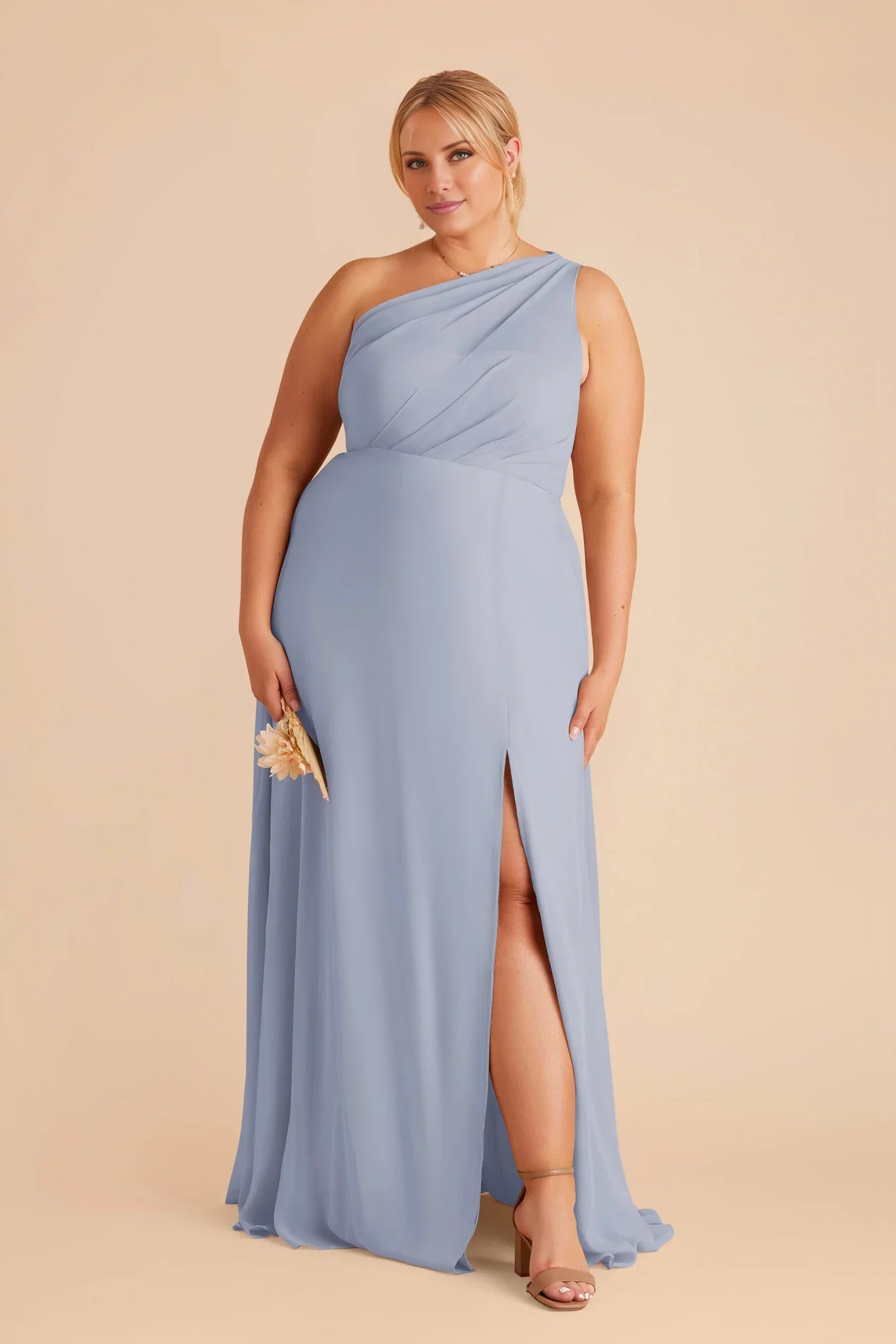 Ethereal Dusty Blue Chiffon One-Shoulder Maxi Bridesmaid Dress with Sheer Accent & High Side Slit