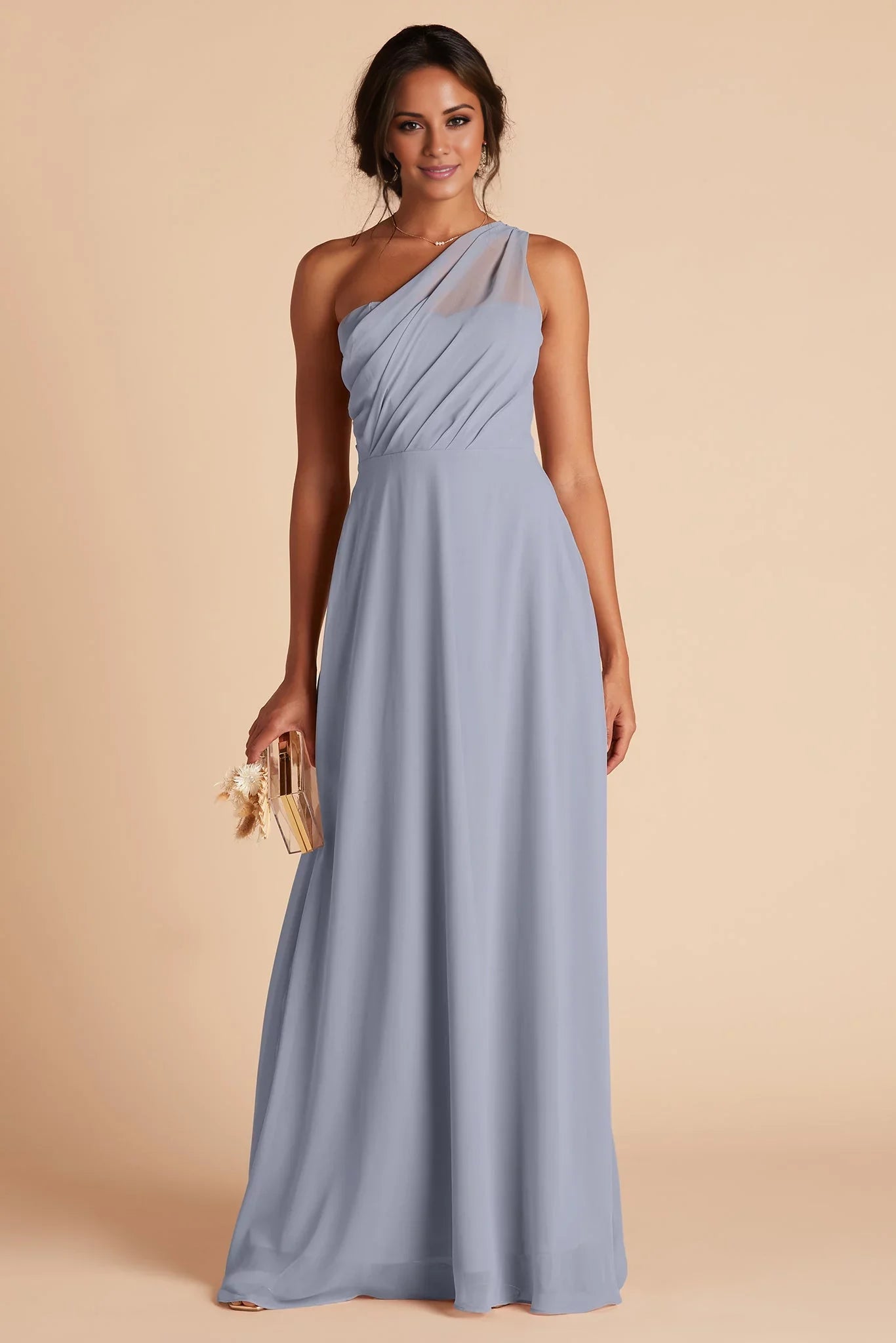 Ethereal Dusty Blue Chiffon One-Shoulder Maxi Bridesmaid Dress with Sheer Panel & Ruched Bodice