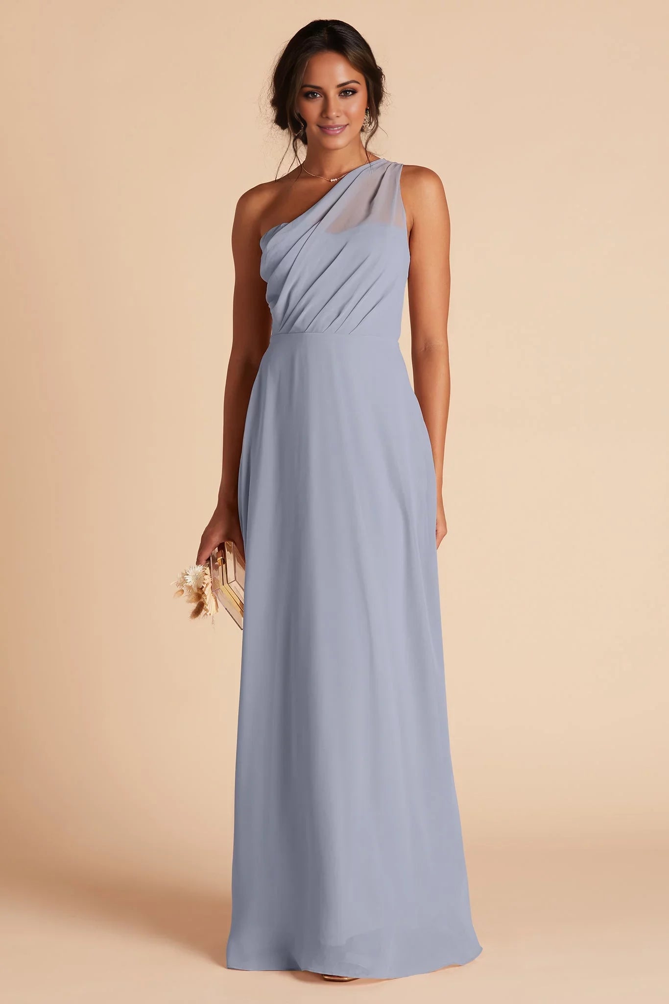 Ethereal Dusty Blue Chiffon One-Shoulder Maxi Bridesmaid Dress with Sheer Panel & Ruched Bodice