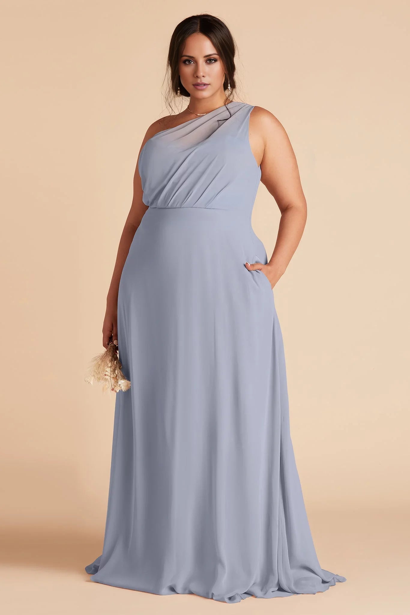 Ethereal Dusty Blue Chiffon One-Shoulder Maxi Bridesmaid Dress with Sheer Panel & Ruched Bodice