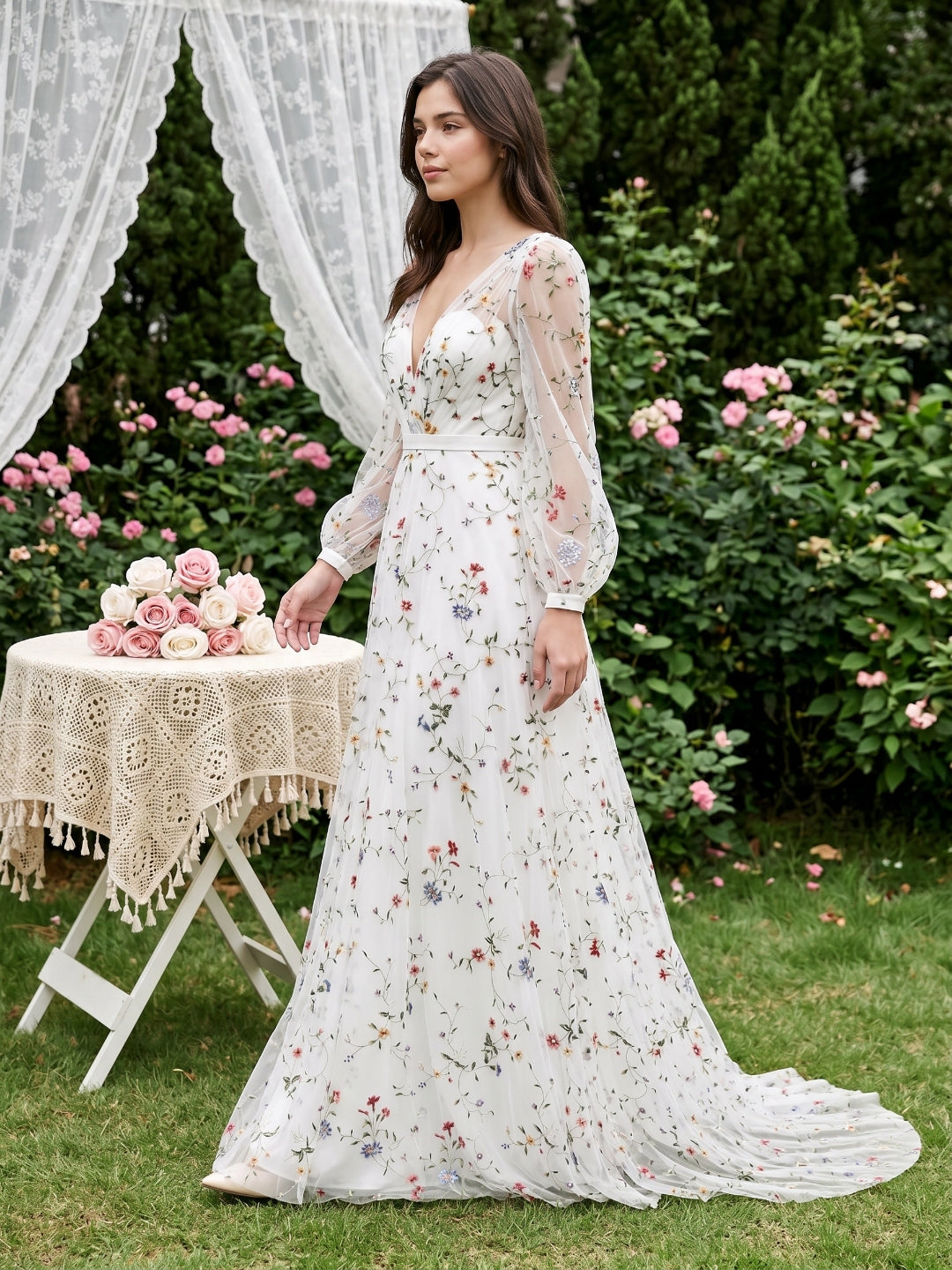 Ethereal White Tulle A-Line V-Neck V-Back Floor-Length Mother of the Bride Dress